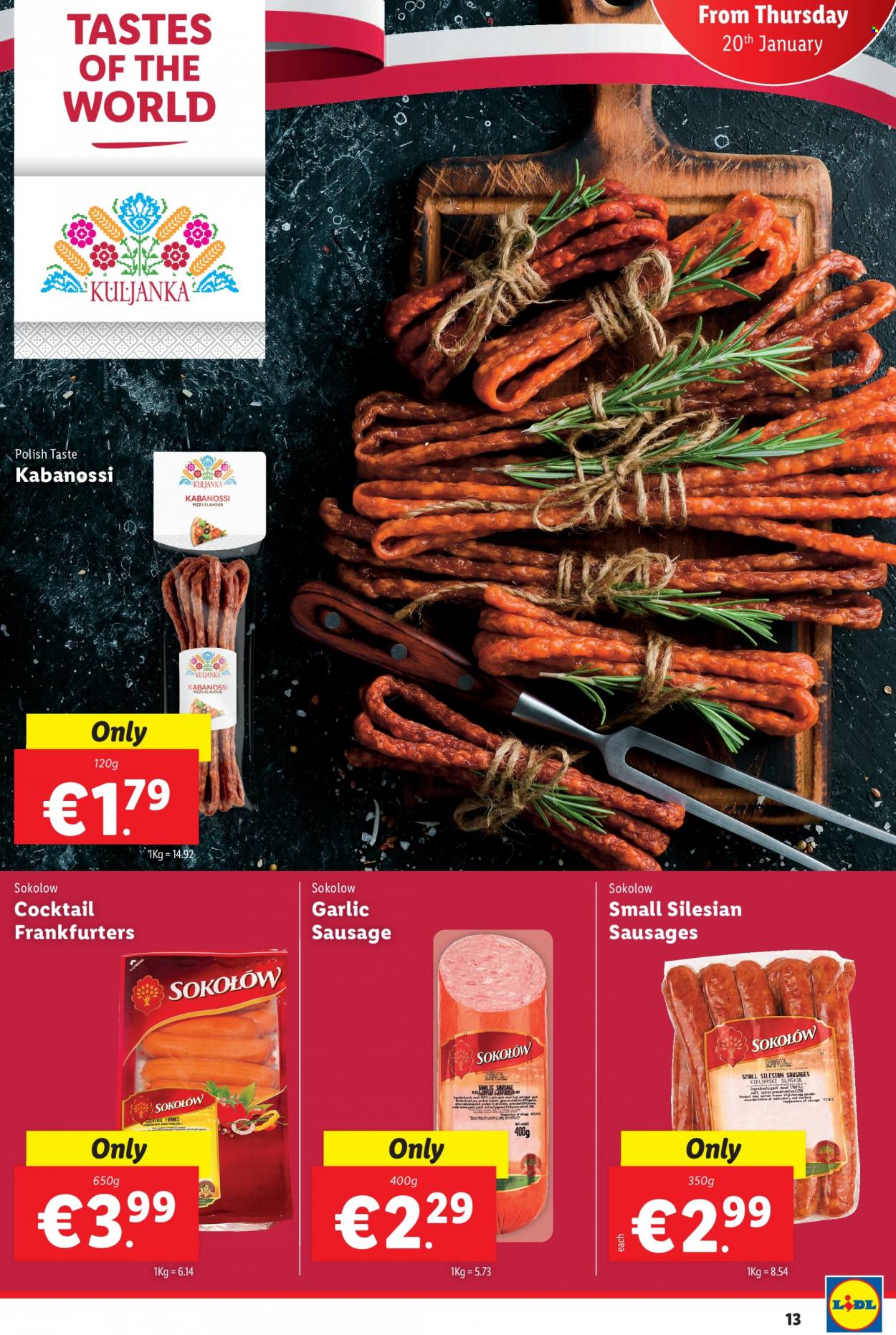 thumbnail - Lidl offer  - 20.01.2022 - 26.01.2022 - Sales products - garlic, pizza, sausage, salt, mustard, polish. Page 13.