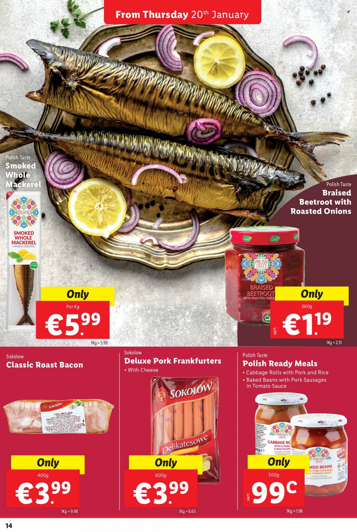 thumbnail - Lidl offer  - 20.01.2022 - 26.01.2022 - Sales products - beans, cabbage, onion, beetroot, mackerel, bacon, sausage, kielbasa, cheese, salt, baked beans, rice, spice, polish. Page 14.