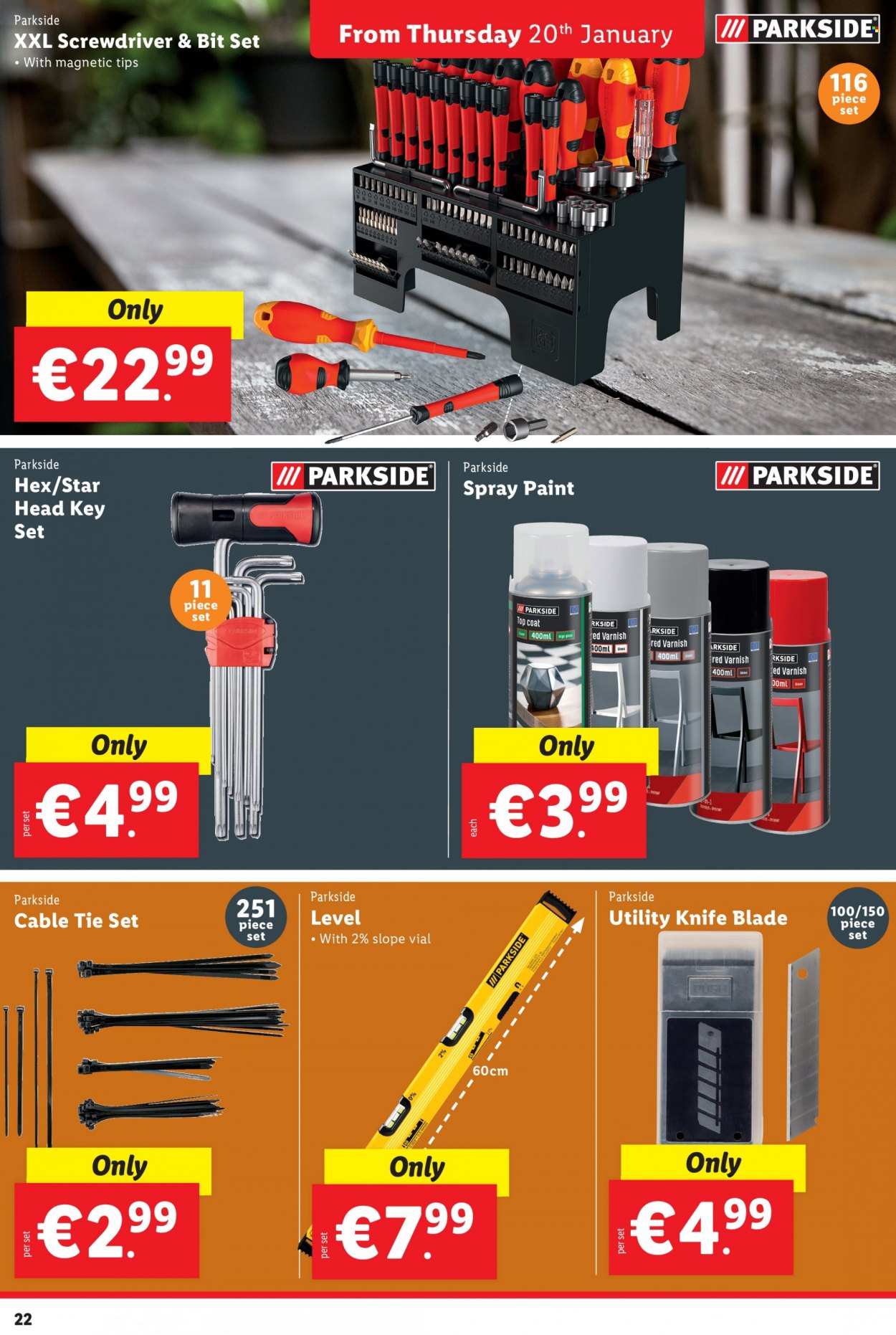 thumbnail - Lidl offer  - 20.01.2022 - 26.01.2022 - Sales products - top coat, coat, Parkside, screwdriver, utility knife, spray paint. Page 22.