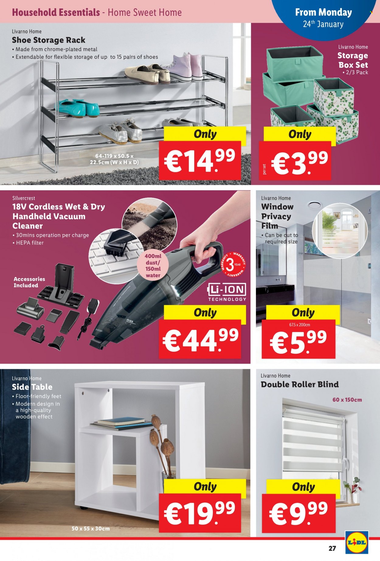 thumbnail - Lidl offer  - 20.01.2022 - 26.01.2022 - Sales products - storage box, table, sidetable, SilverCrest, vacuum cleaner, handheld vacuum cleaner. Page 28.
