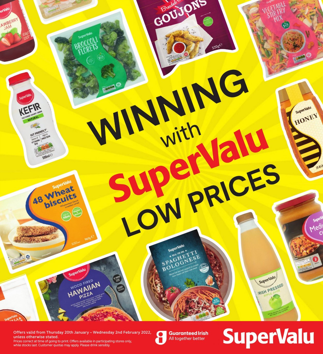 thumbnail - SuperValu offer  - 20.01.2022 - 02.02.2022 - Sales products - broccoli, spaghetti, pizza, ham, kefir, pizza dough, biscuit, tomato sauce, cereals, honey, fruit jam, apple juice, juice. Page 1.