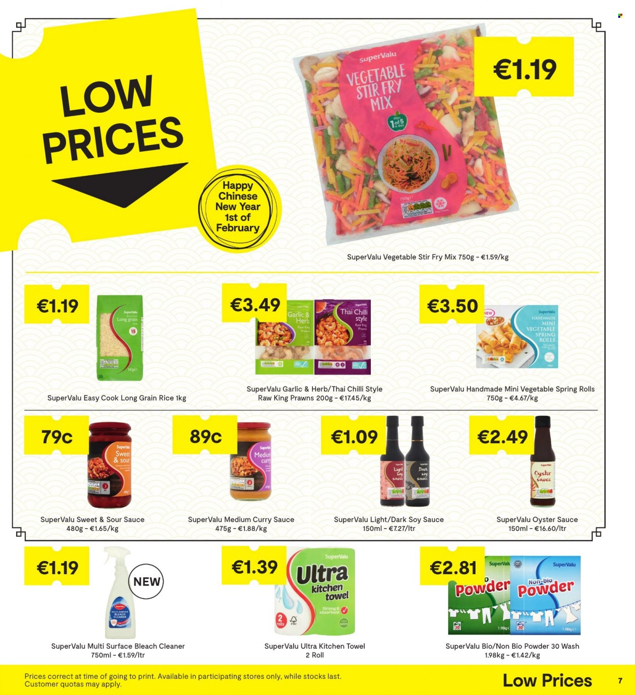 thumbnail - SuperValu offer  - 20.01.2022 - 02.02.2022 - Sales products - oysters, prawns, sauce, spring rolls, rice, long grain rice, soy sauce, sweet and sour sauce, oyster sauce, curry sauce, kitchen towels, cleaner, bleach. Page 7.