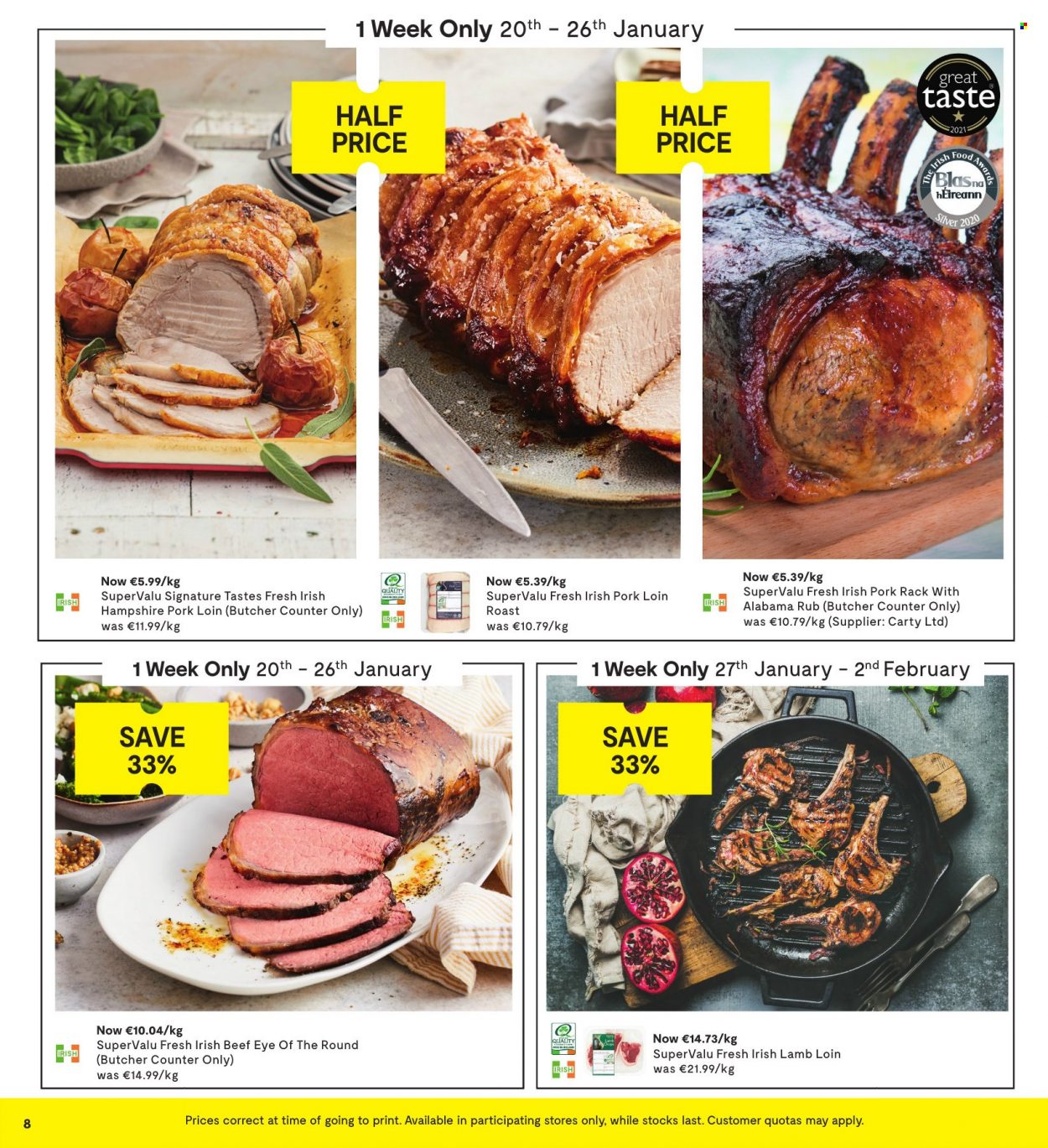 thumbnail - SuperValu offer  - 20.01.2022 - 02.02.2022 - Sales products - beef meat, eye of round, pork loin, pork meat, lamb loin, lamb meat. Page 8.