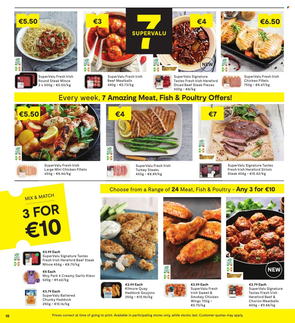 thumbnail - SuperValu offer  - 20.01.2022 - 02.02.2022 - Sales products - garlic, haddock, fish, meatballs, chicken wings, beef meat, beef sirloin, beef steak, steak, diced beef, round steak, sirloin steak. Page 10.