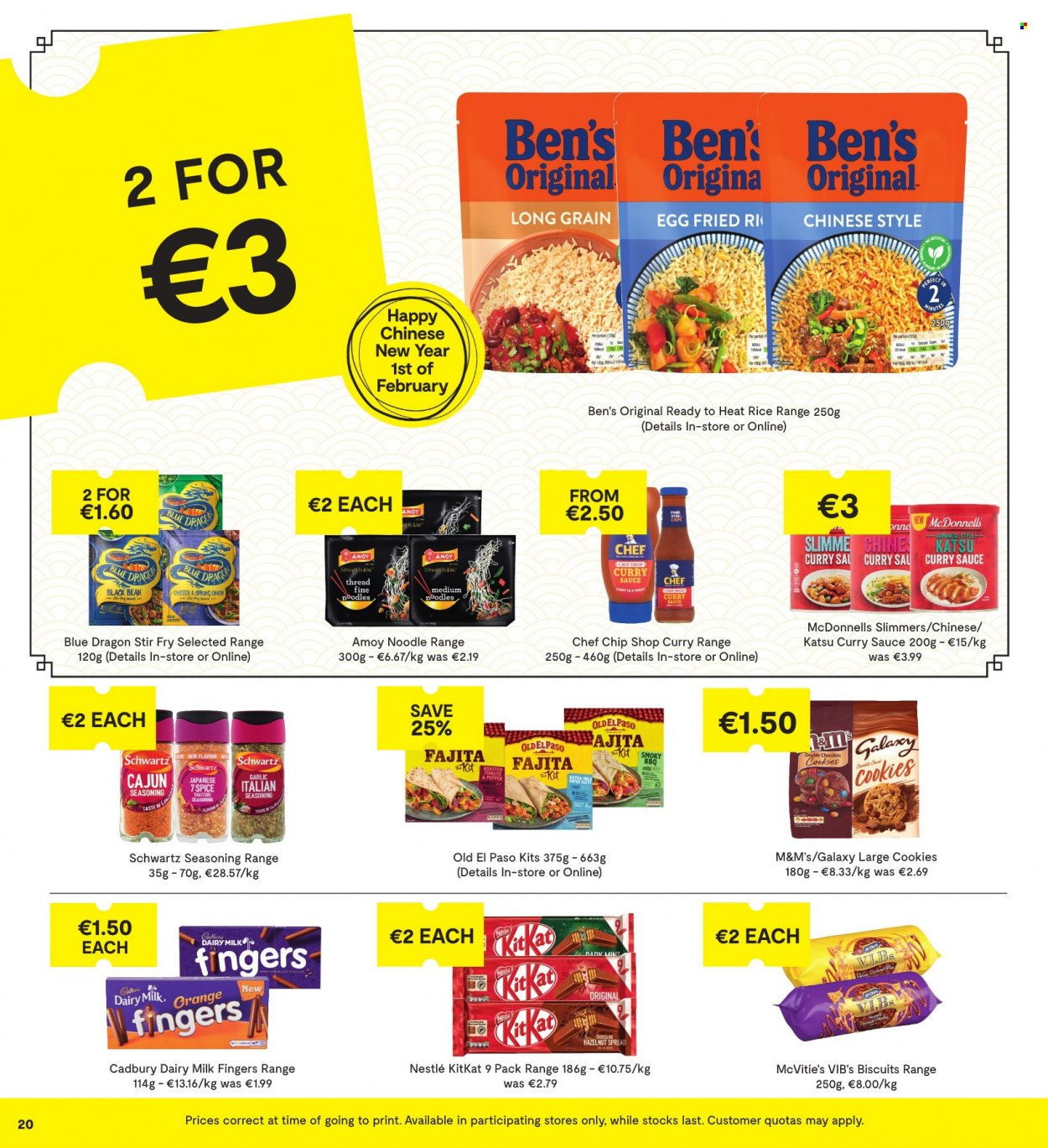 thumbnail - SuperValu offer  - 20.01.2022 - 02.02.2022 - Sales products - Old El Paso, garlic, oysters, sauce, fajita, noodles, cookies, Nestlé, M&M's, KitKat, biscuit, Cadbury, Dairy Milk, rice, spice, curry sauce, hazelnut spread. Page 20.