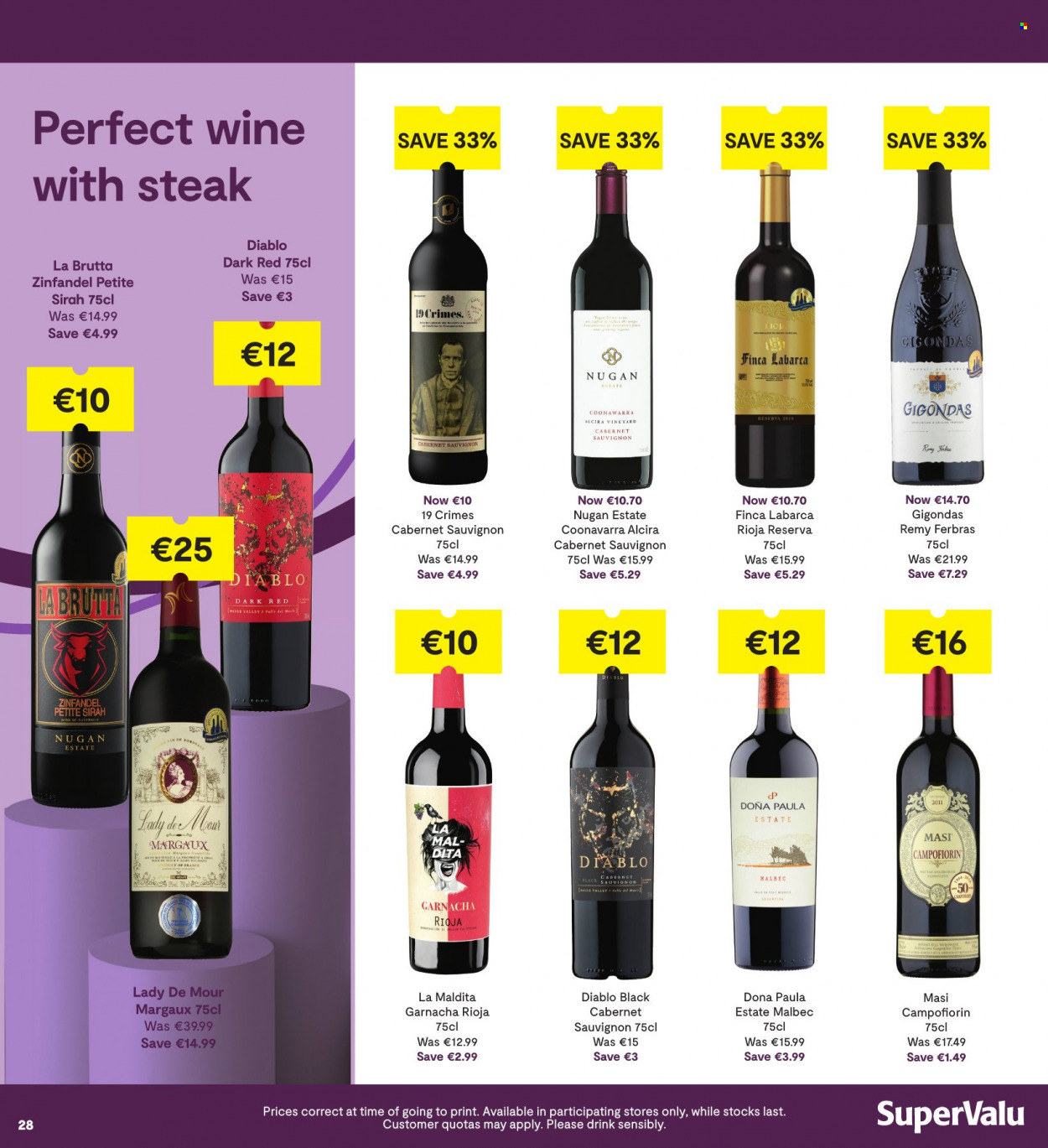 thumbnail - SuperValu offer  - 20.01.2022 - 02.02.2022 - Sales products - Cabernet Sauvignon, red wine, wine, Finca Labarca, steak. Page 28.