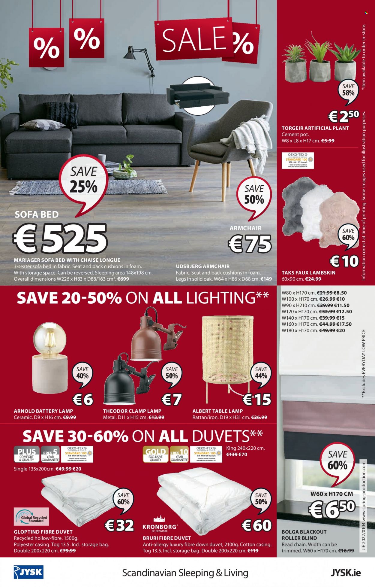 thumbnail - JYSK offer  - 20.01.2022 - 02.02.2022 - Sales products - arm chair, sofa, sofa bed, chaise longue, bed, cushion, faux lambskin, artificial plant, pot, duvet, lamp, table lamp, lighting, blackout. Page 16.