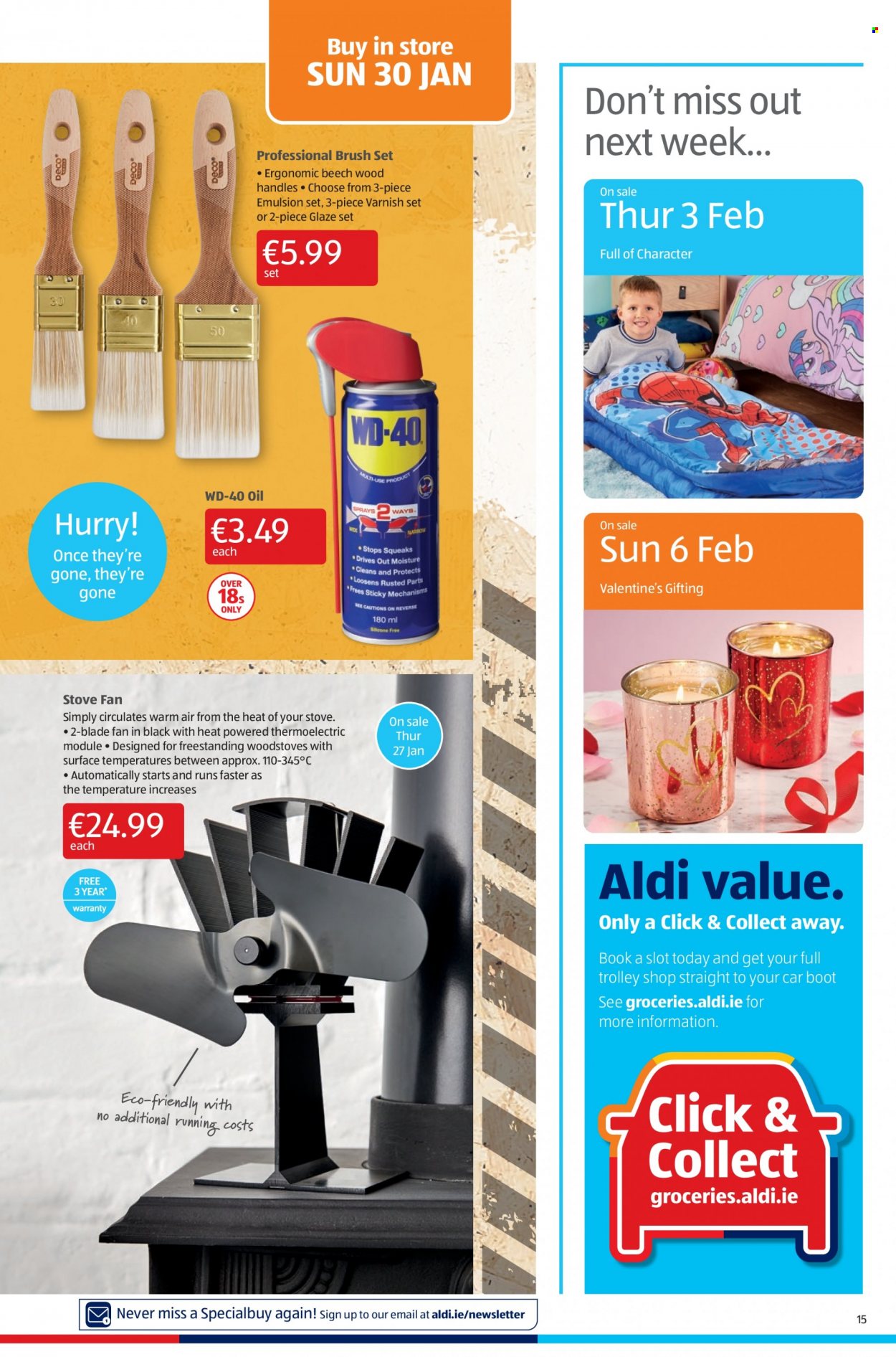 thumbnail - Aldi offer  - 27.01.2022 - 02.02.2022 - Sales products - oil, brush set, brush, trolley, book, stove. Page 15.