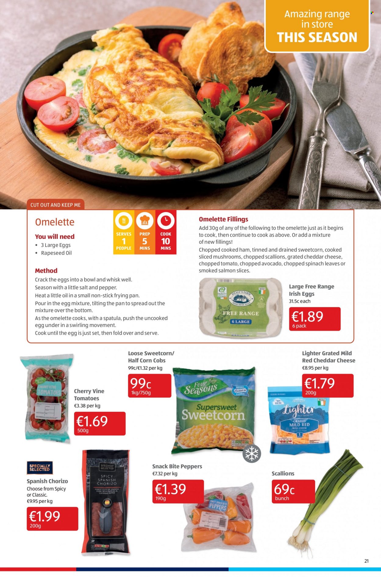 thumbnail - Aldi offer  - 27.01.2022 - 02.02.2022 - Sales products - peppers, avocado, cherries, salmon, smoked salmon, cooked ham, ham, chorizo, cheddar, cheese, large eggs, snack, pepper, spatula, pan. Page 21.