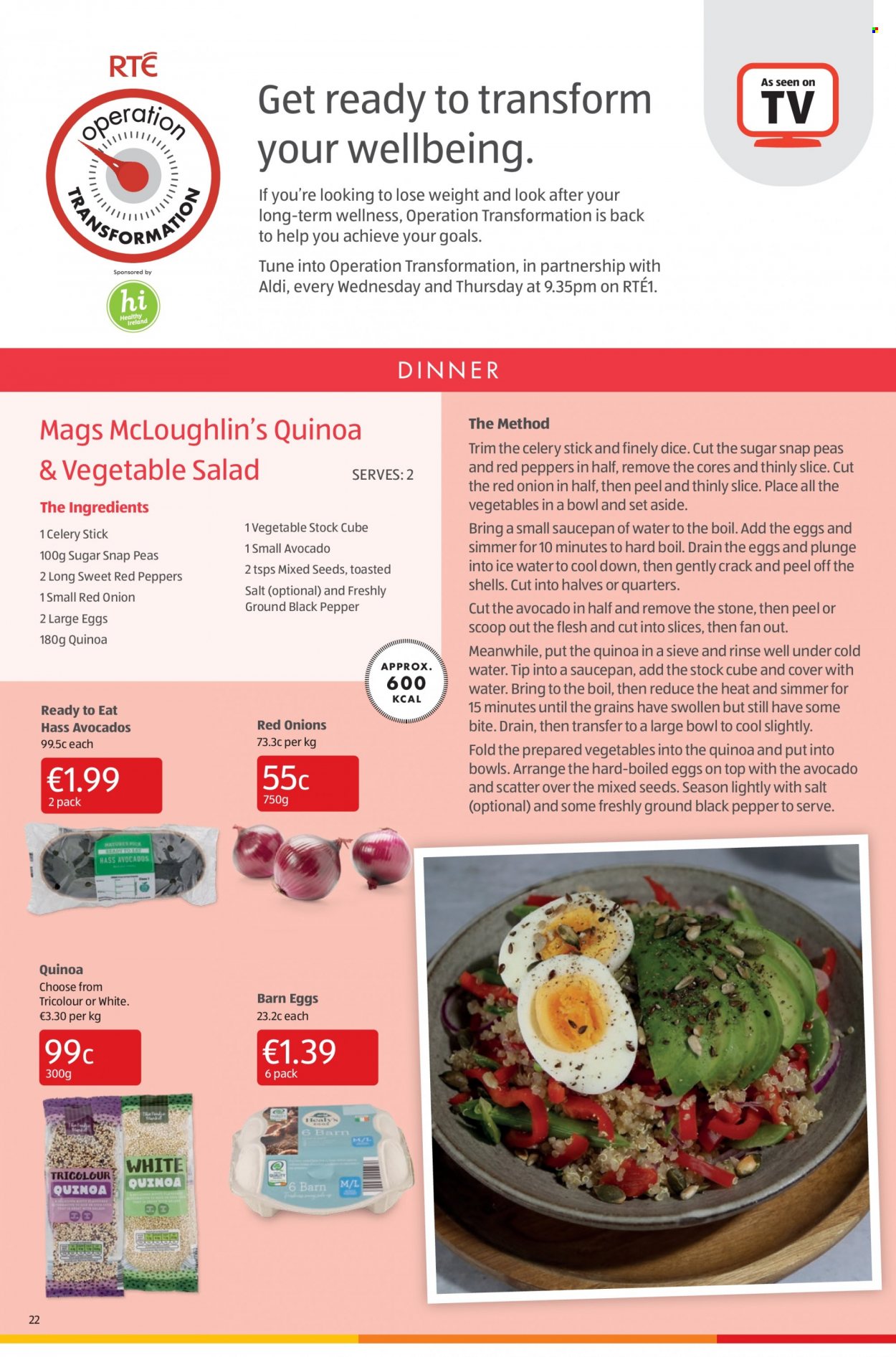 thumbnail - Aldi offer  - 27.01.2022 - 02.02.2022 - Sales products - red onions, onion, red peppers, vegetable stock, large eggs, snap peas, quinoa, saucepan. Page 22.