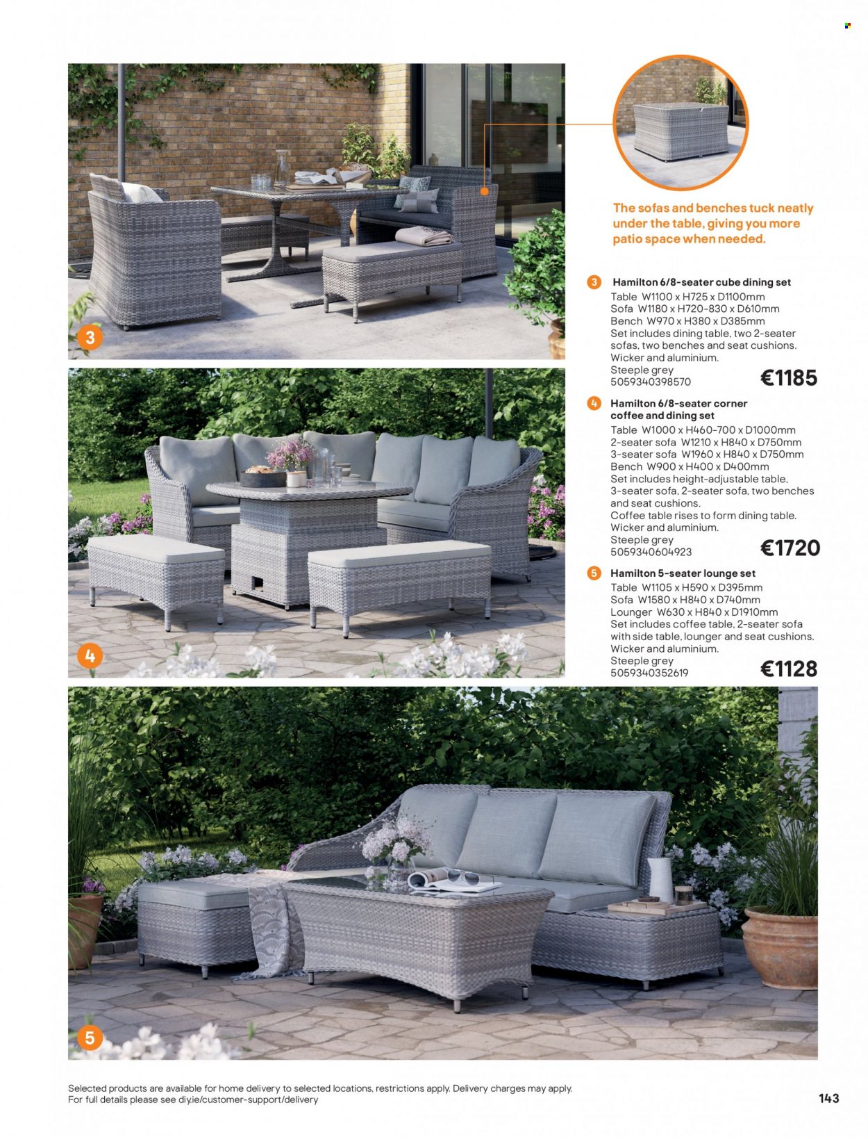 thumbnail - B&Q offer  - Sales products - dining set, dining table, bench, sofa, lounge, coffee table, sidetable, cushion. Page 143.