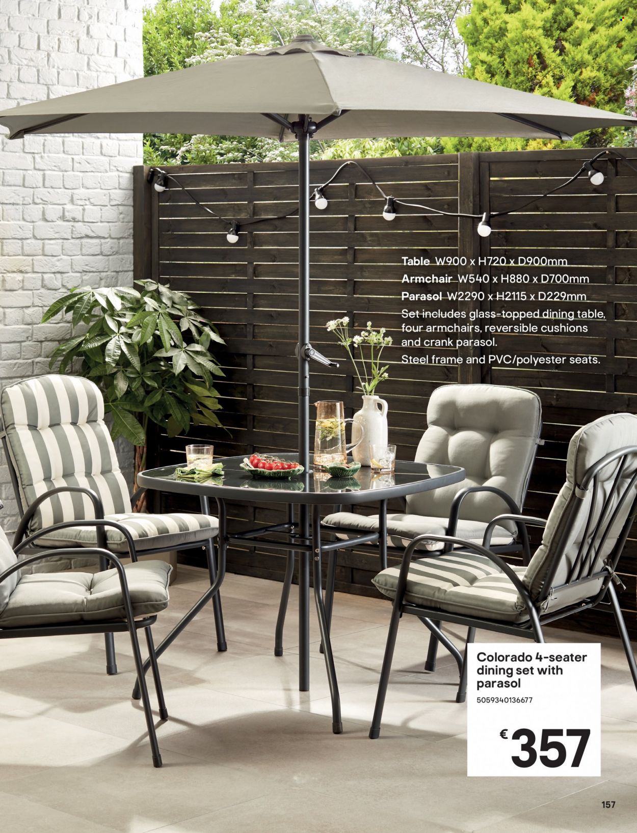 thumbnail - B&Q offer  - Sales products - dining set, dining table, table, arm chair, cushion. Page 157.