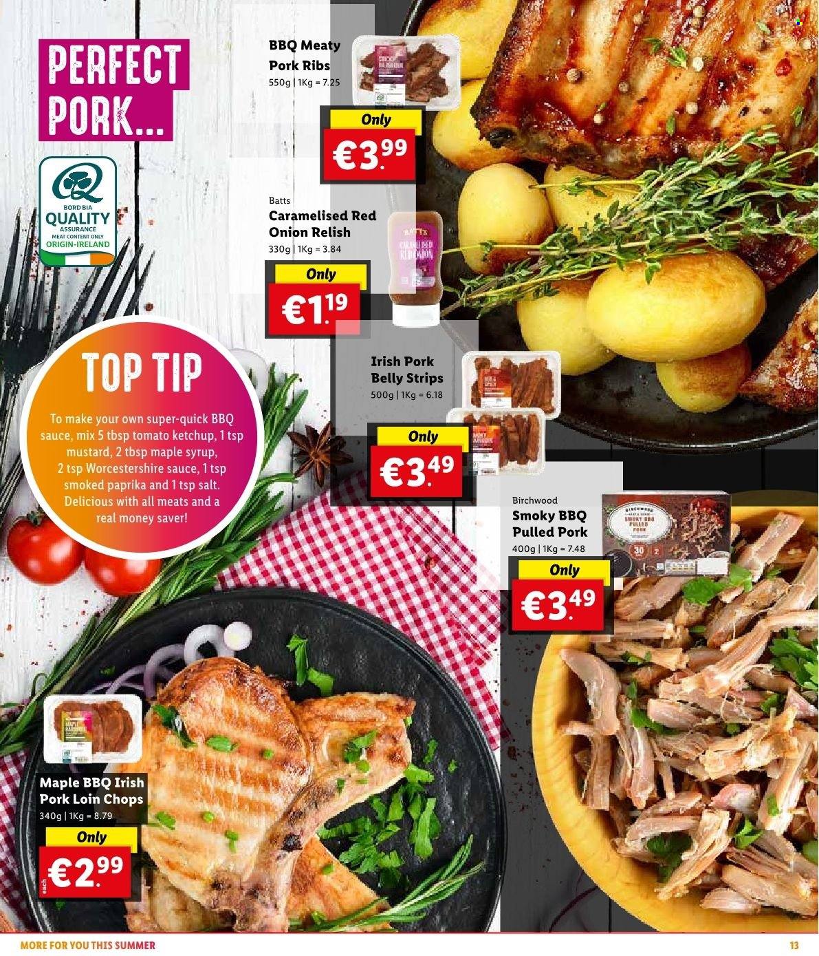 thumbnail - Lidl offer  - Sales products - onion, pulled pork, strips, BBQ sauce, mustard, worcestershire sauce, ketchup, maple syrup, syrup, pork belly, pork chops, pork loin, pork meat, pork ribs. Page 15.