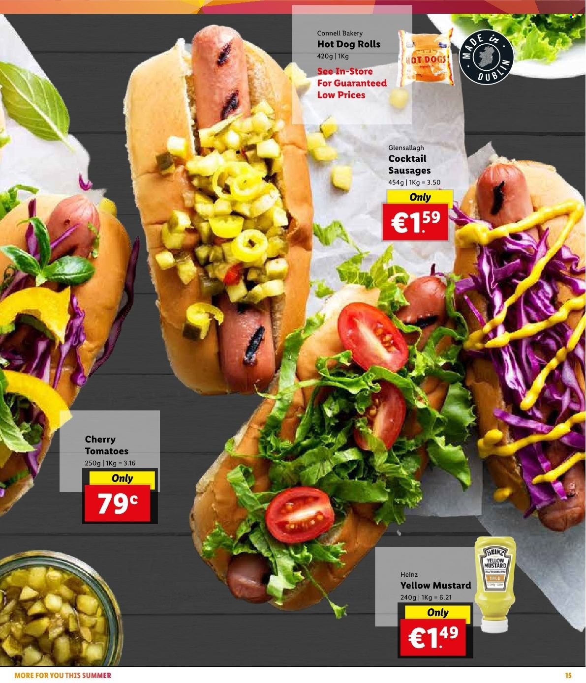 thumbnail - Lidl offer  - Sales products - hot dog rolls, tomatoes, cherries, sausage, Heinz, mustard. Page 17.