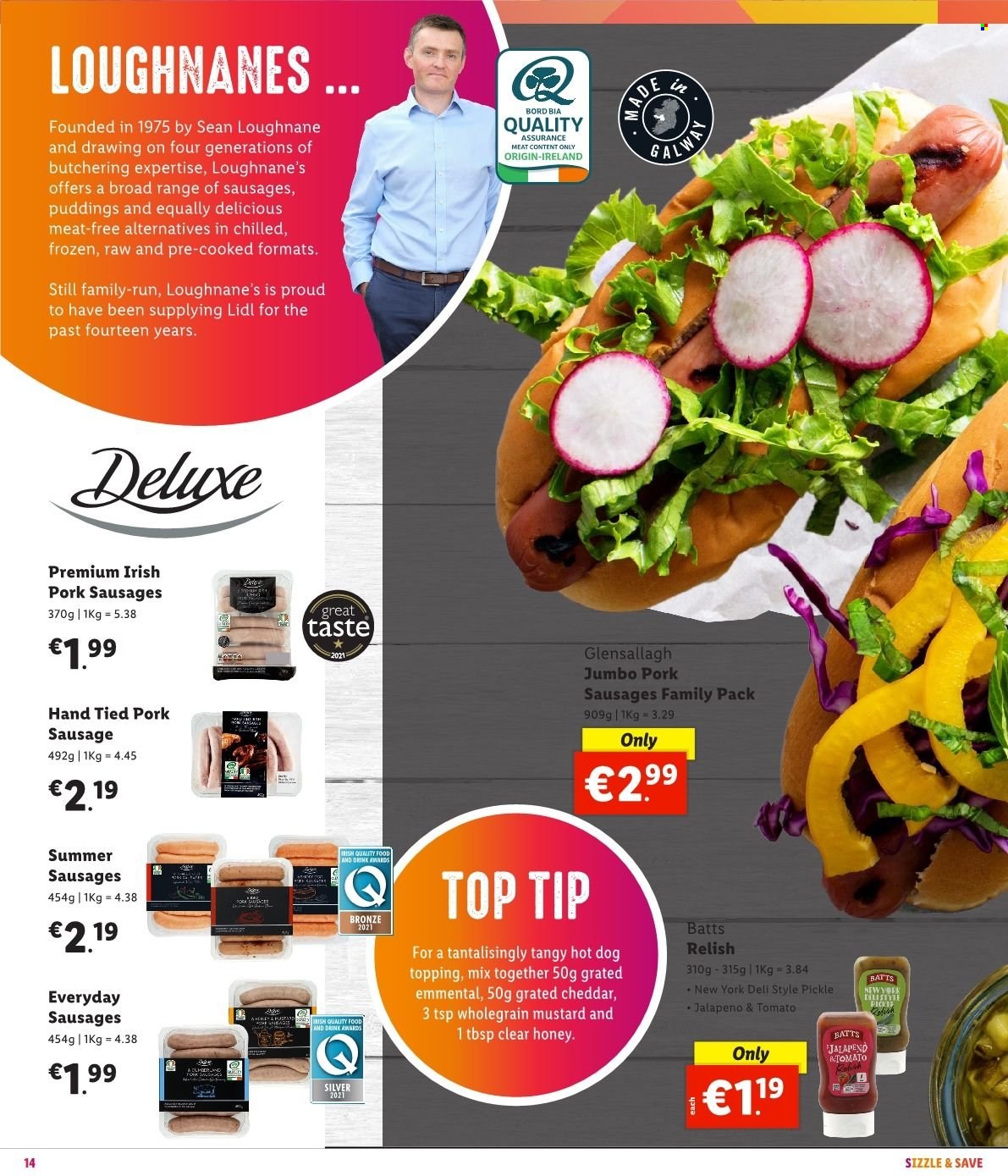 thumbnail - Lidl offer  - Sales products - jalapeño, hot dog, sausage, pork sausage, cheddar, cheese, pudding, topping, mustard, honey. Page 18.