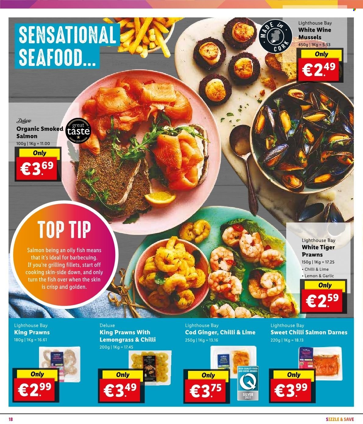thumbnail - Lidl offer  - Sales products - ginger, cod, mussels, salmon, seafood, prawns, fish, white wine. Page 22.