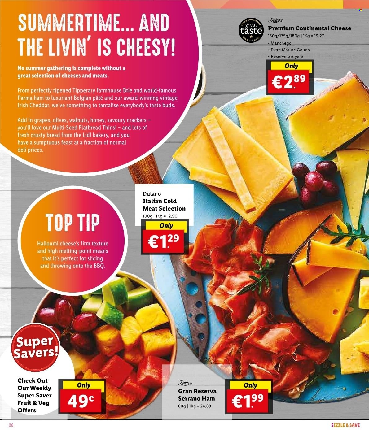 thumbnail - Lidl offer  - Sales products - bread, flatbread, grapes, Continental, ham, gouda, Gruyere, Manchego, halloumi, cheddar, cheese, brie, crackers, Thins, olives, honey, walnuts. Page 30.