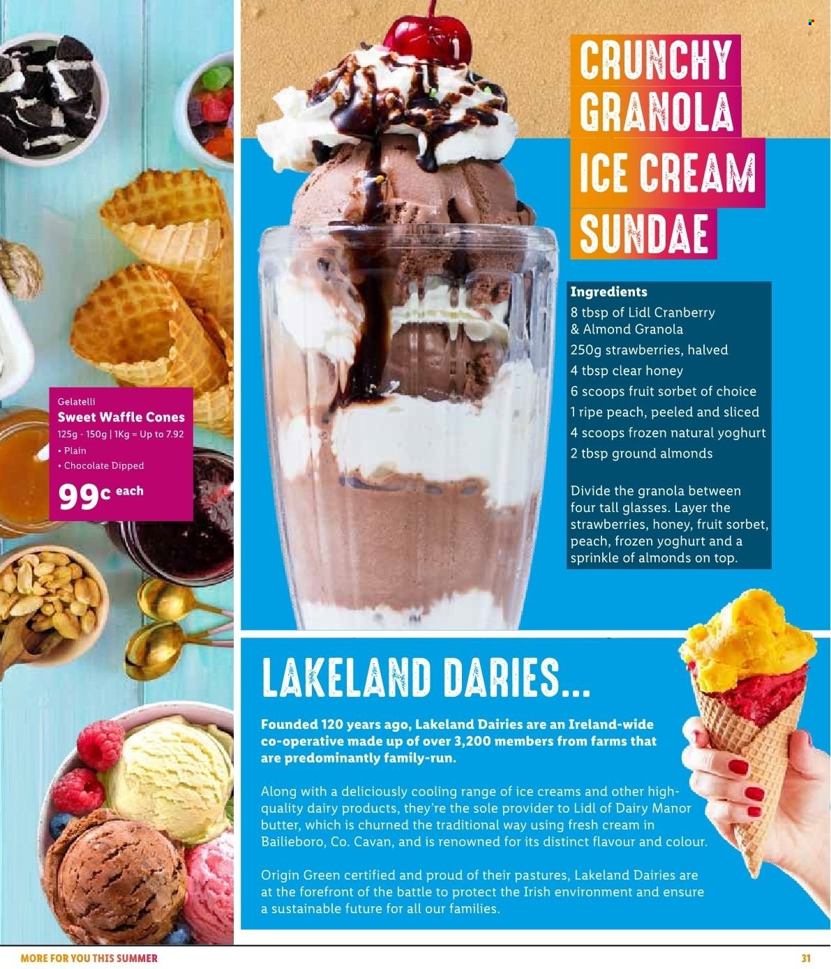 thumbnail - Lidl offer  - Sales products - yoghurt, butter, frozen yoghurt, granola, honey, almonds. Page 35.