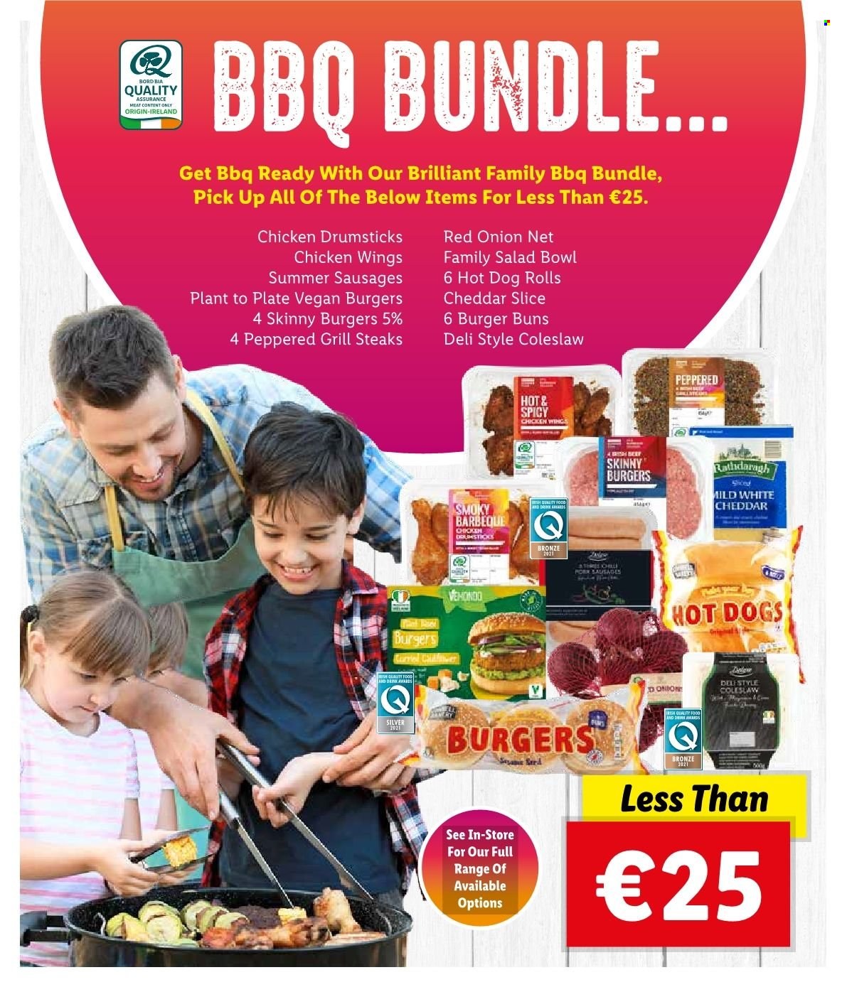 thumbnail - Lidl offer  - Sales products - hot dog rolls, buns, burger buns, onion, coleslaw, veggie burger, sausage, cheddar, cheese, chicken wings, Bai, chicken drumsticks, steak, salad bowl, grill. Page 43.