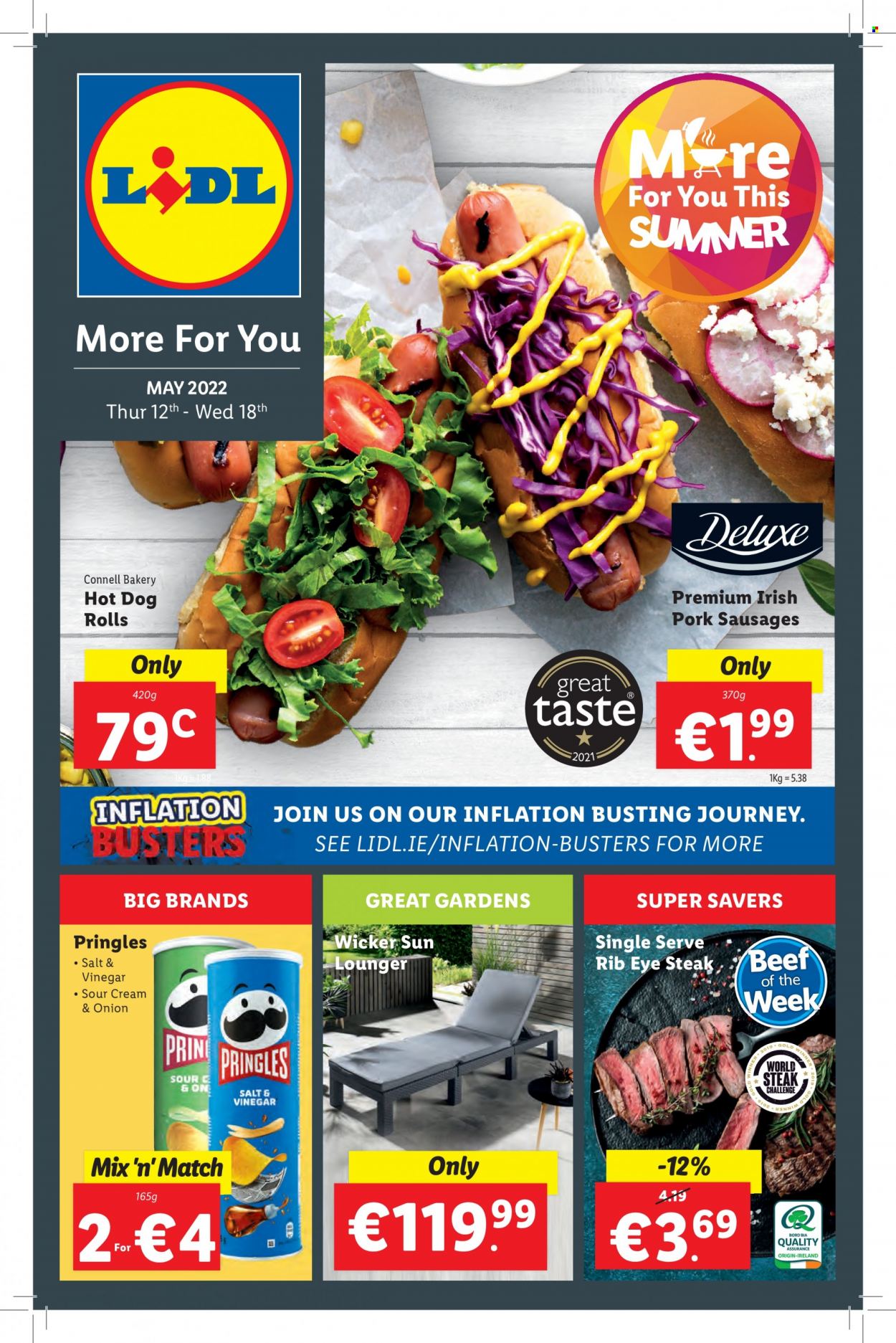 thumbnail - Lidl offer  - 12.05.2022 - 18.05.2022 - Sales products - hot dog rolls, sausage, sour cream, Pringles, vinegar, beef meat, steak, ribeye steak. Page 1.