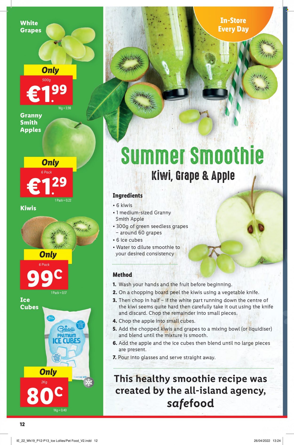 thumbnail - Lidl offer  - 12.05.2022 - 18.05.2022 - Sales products - seedless grapes, kiwi, apples, Granny Smith, ice cubes, smoothie, knife, mixing bowl, chopping board, bowl, animal food. Page 12.