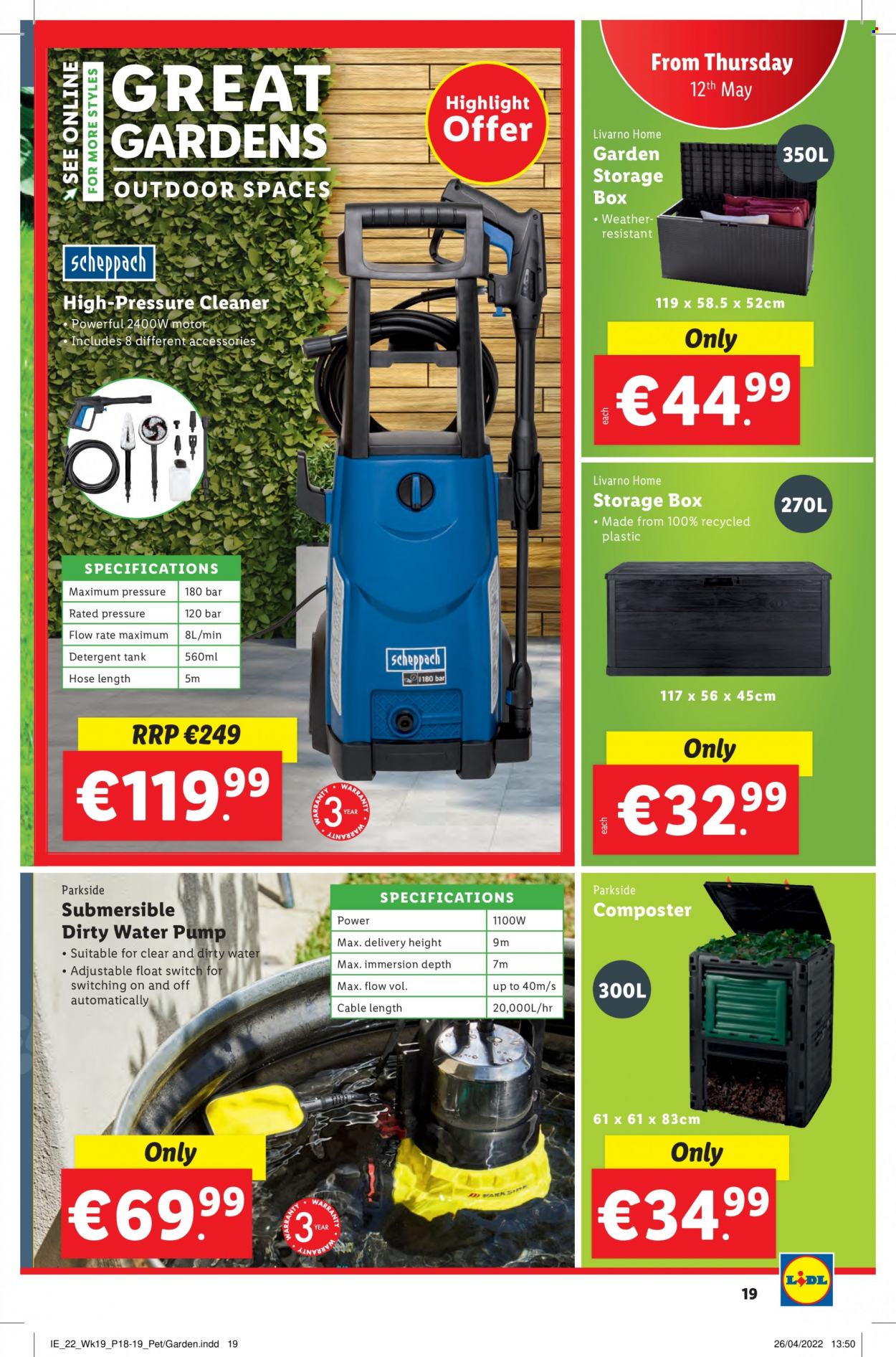 thumbnail - Lidl offer  - 12.05.2022 - 18.05.2022 - Sales products - switch, detergent, cleaner, tank, high pressure cleaner, Parkside, water pump, pump, garden storage box. Page 19.