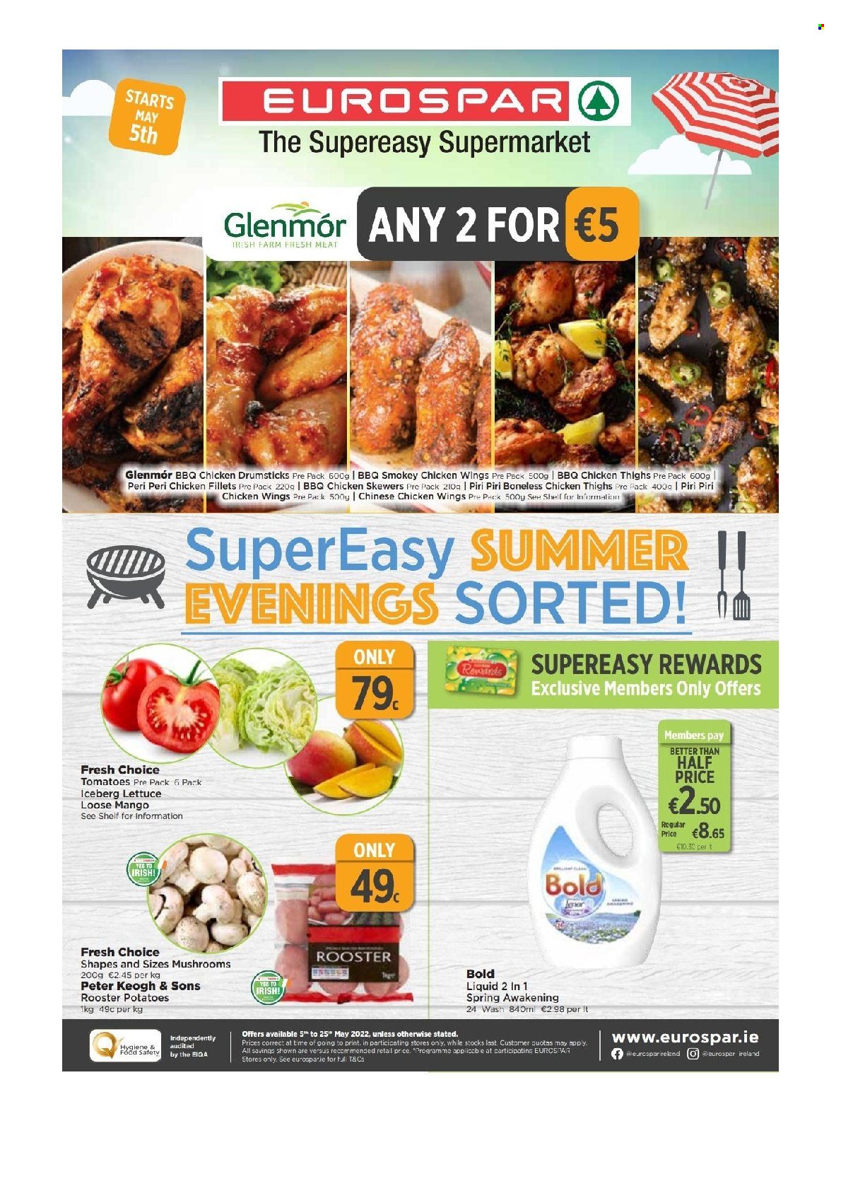 thumbnail - EUROSPAR offer  - 05.05.2022 - 25.05.2022 - Sales products - mushrooms, tomatoes, potatoes, lettuce, mango, chicken wings, chicken thighs, chicken drumsticks. Page 1.
