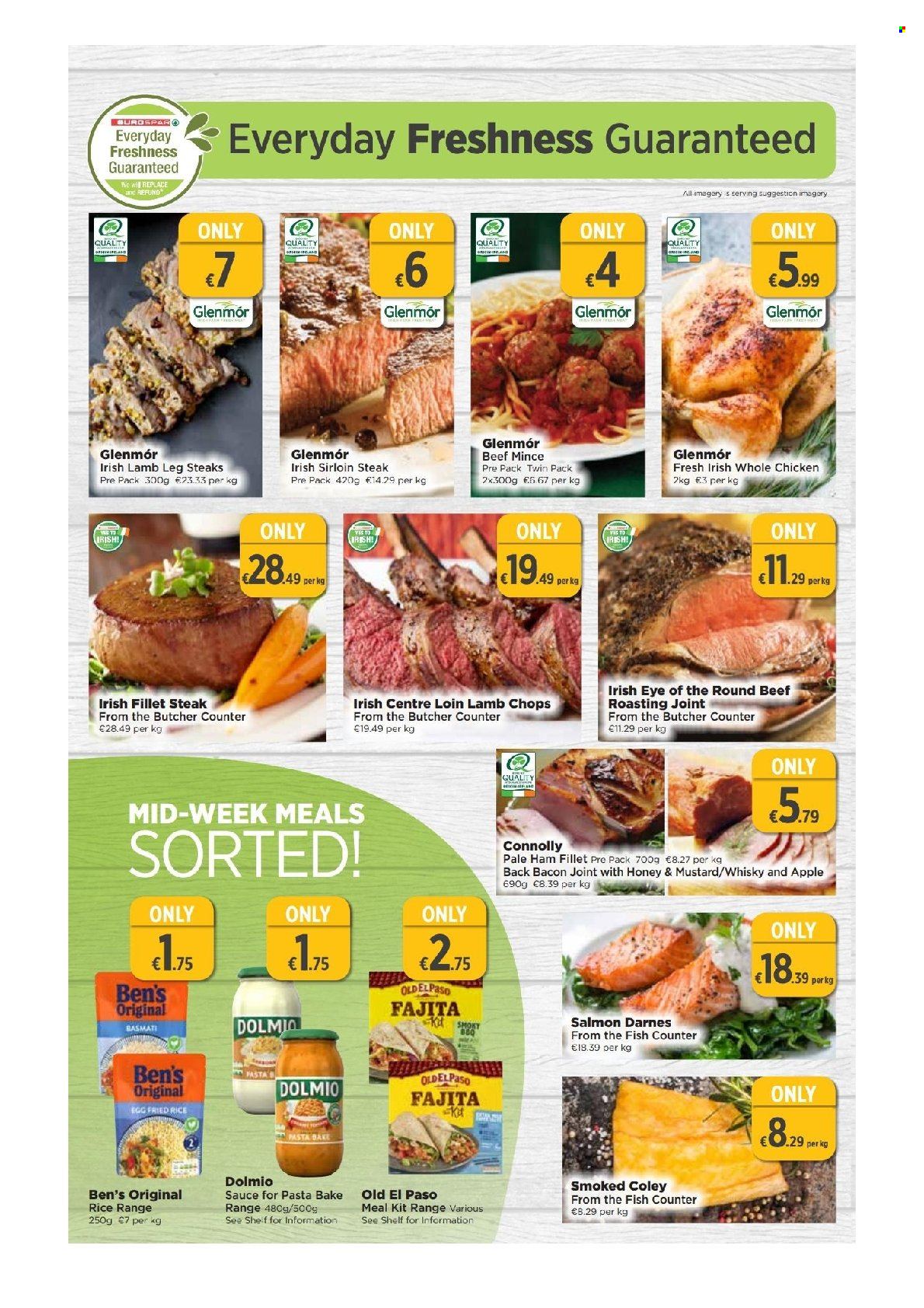 EUROSPAR offer  - 5.5.2022 - 25.5.2022 - Sales products - Old El Paso, salmon, fish, fajita, bacon, ham, basmati rice, mustard, whisky, whole chicken, chicken meat, beef meat, beef sirloin, ground beef, steak, sirloin steak, back bacon joint, lamb chops, lamb meat, lamb leg. Page 2.