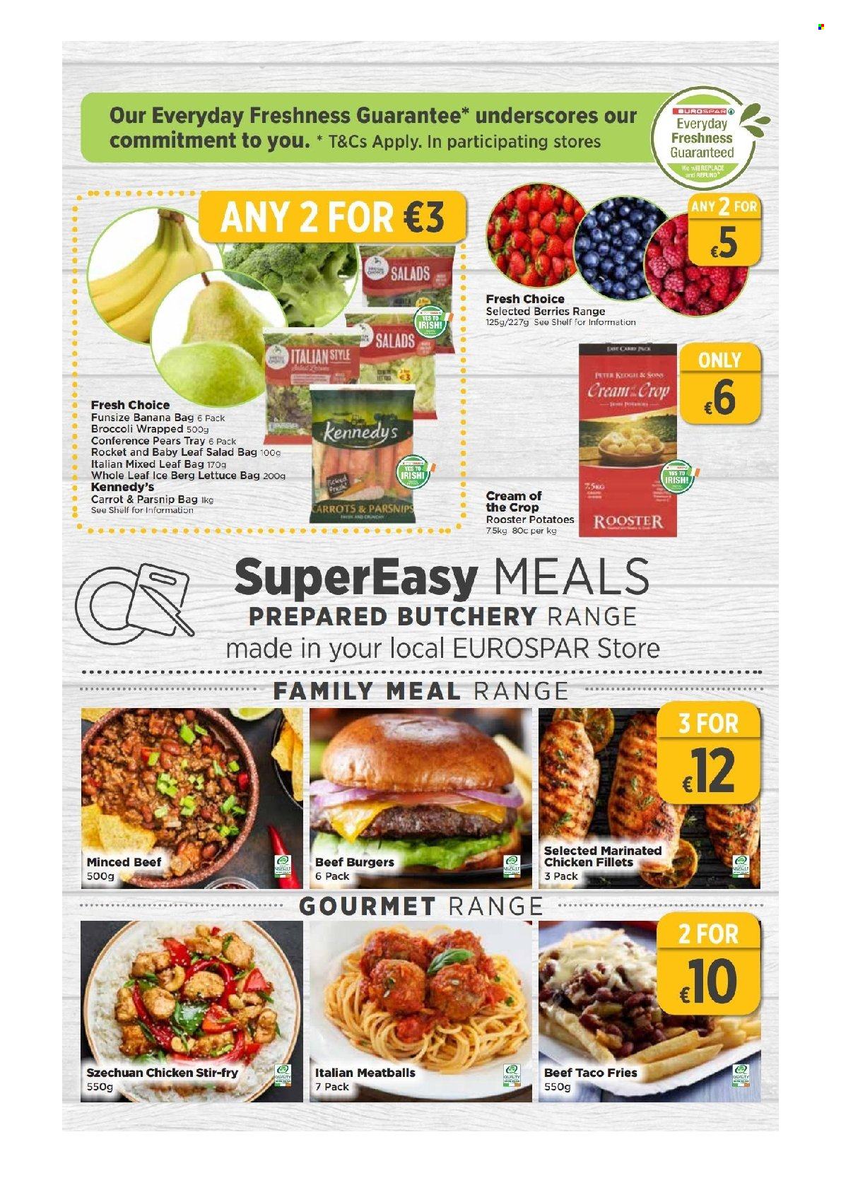 EUROSPAR offer  - 5.5.2022 - 25.5.2022 - Sales products - broccoli, carrots, rocket, potatoes, lettuce, salad, pears, meatballs, hamburger, beef burger, potato fries, marinated chicken, tray. Page 3.