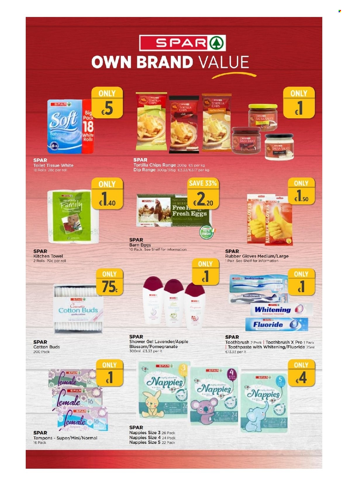 EUROSPAR offer  - 5.5.2022 - 25.5.2022 - Sales products - pomegranate, eggs, Blossom, dip, tortilla chips, chips, salsa, nappies, toilet paper, kitchen towels, shower gel, toothbrush, toothpaste, tampons, gloves. Page 5.