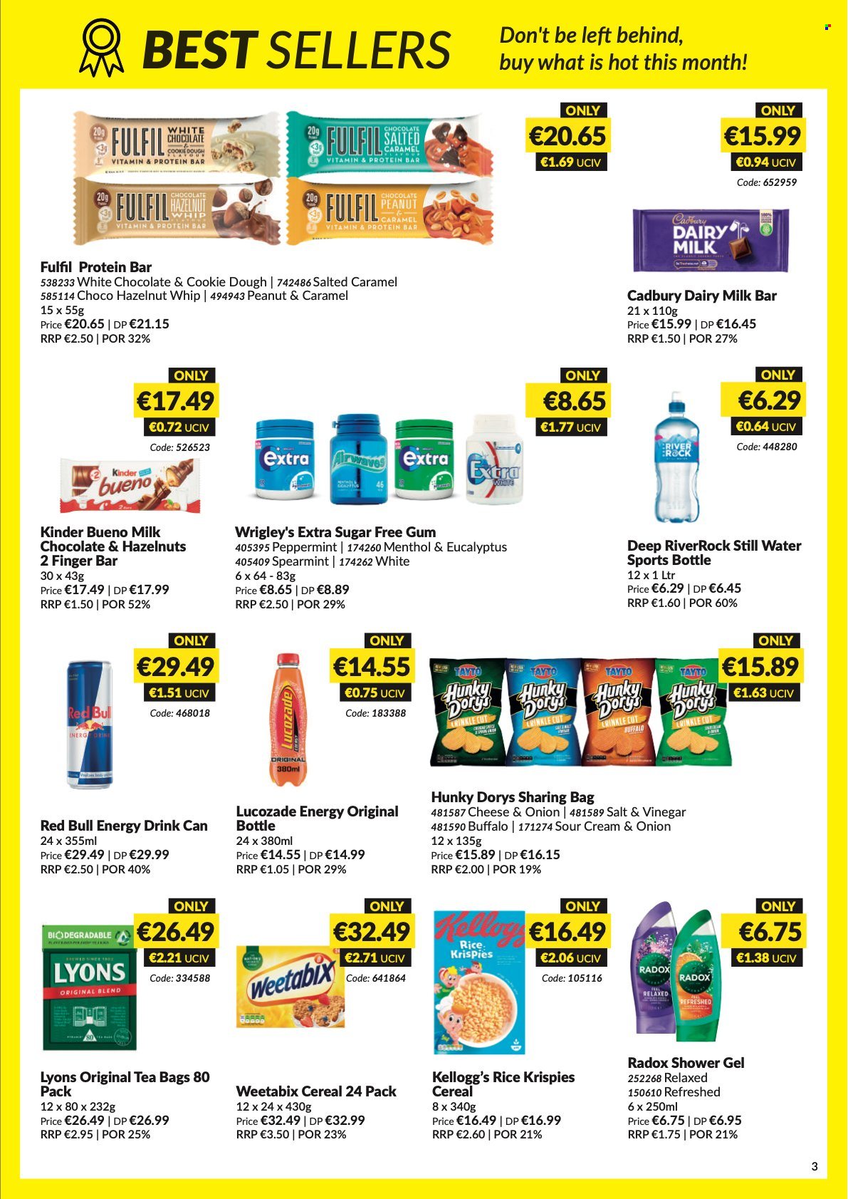 thumbnail - MUSGRAVE Market Place offer  - 08.05.2022 - 04.06.2022 - Sales products - cookie dough, milk chocolate, chocolate, Kellogg's, Kinder Bueno, Cadbury, Dairy Milk, Tayto, cereals, protein bar, Rice Krispies, Weetabix, vinegar, energy drink, Red Bull, Lucozade, mineral water, bottled water, tea bags, Lyons, shower gel, Radox, travel bottle. Page 3.