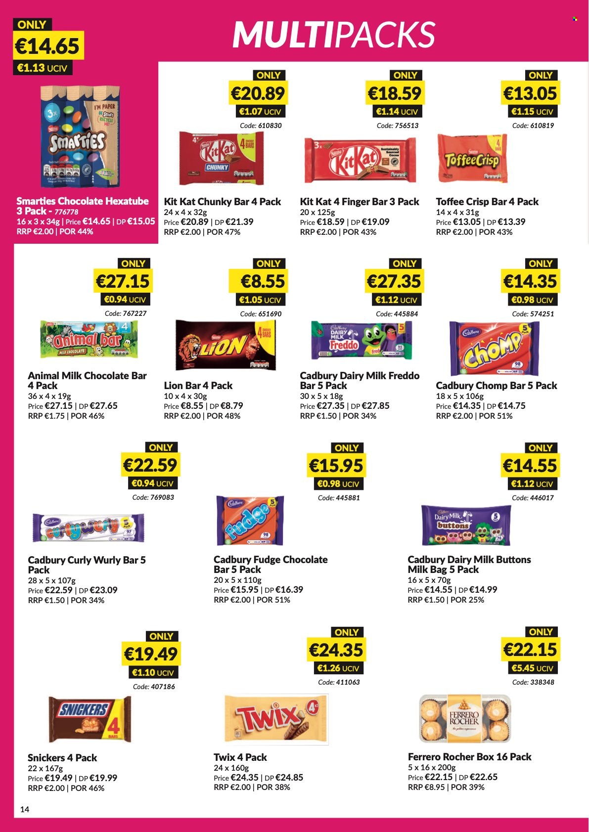 thumbnail - MUSGRAVE Market Place offer  - 08.05.2022 - 04.06.2022 - Sales products - fudge, milk chocolate, Ferrero Rocher, Snickers, Twix, Smarties, KitKat, toffee, Cadbury, Dairy Milk, chocolate bar, paper. Page 14.