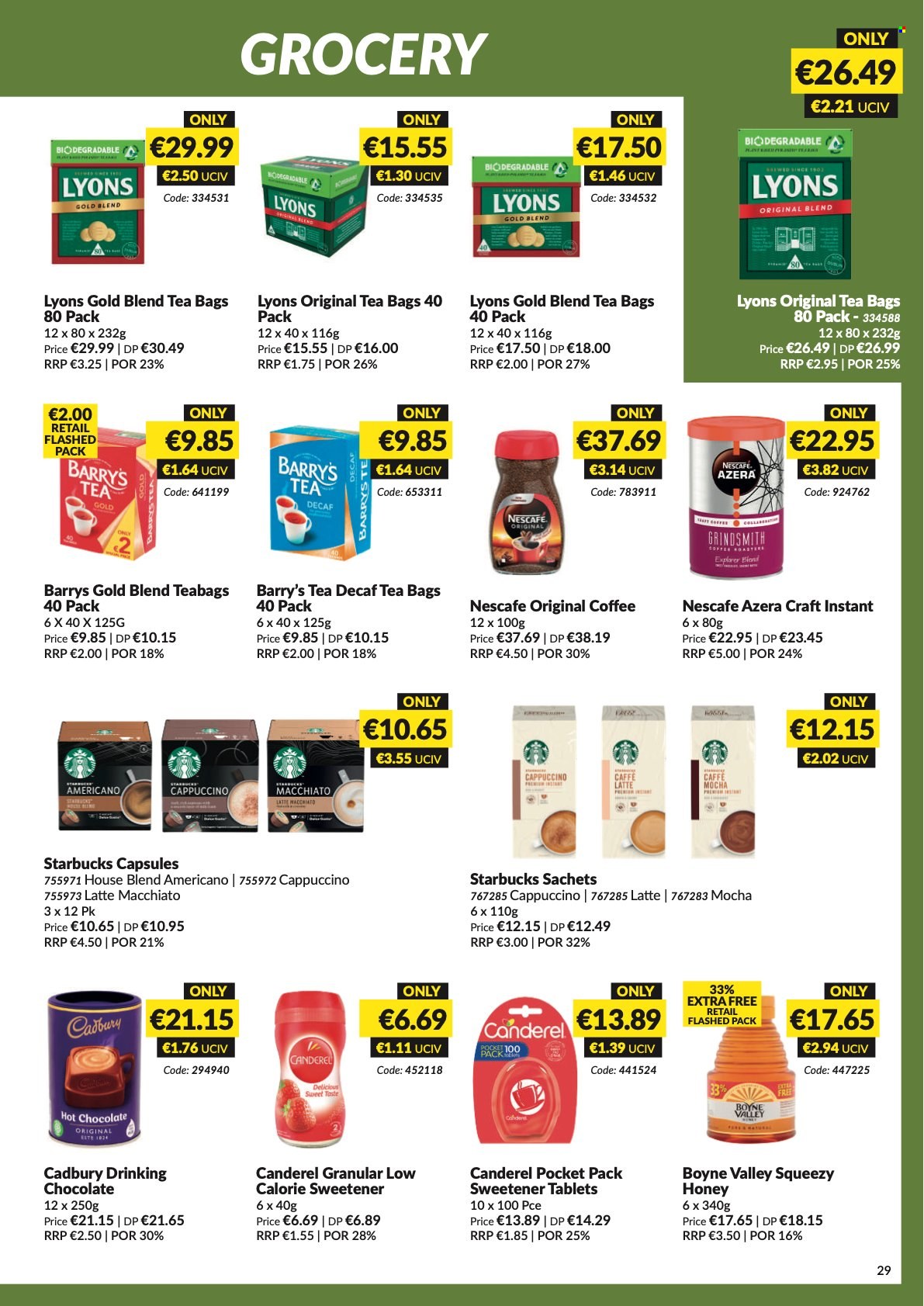 thumbnail - MUSGRAVE Market Place offer  - 08.05.2022 - 04.06.2022 - Sales products - Cadbury, Canderel, sweetener, honey, hot chocolate, tea bags, Lyons, cappuccino, coffee, Nescafé, Starbucks. Page 30.