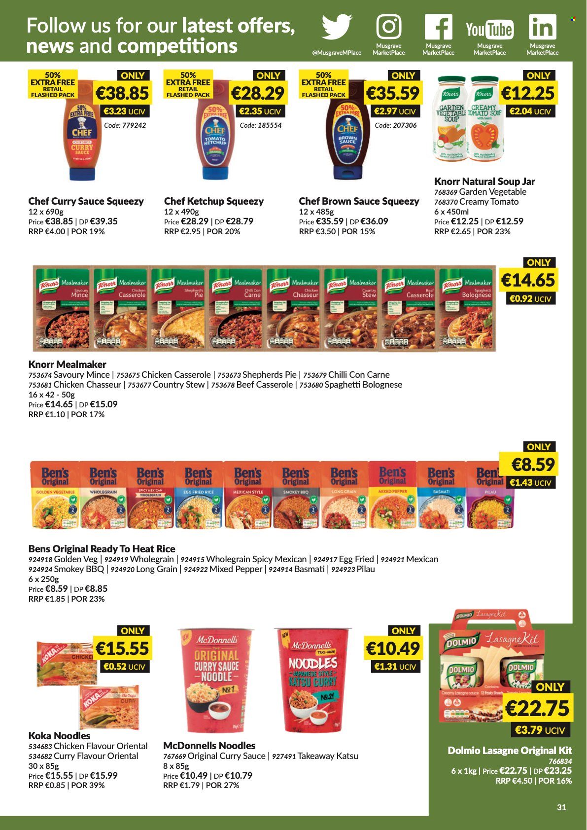 thumbnail - MUSGRAVE Market Place offer  - 08.05.2022 - 04.06.2022 - Sales products - pie, spaghetti, tomato soup, soup, Knorr, sauce, noodles, basmati rice, pepper, ketchup, brown sauce, curry sauce, casserole, jar. Page 32.