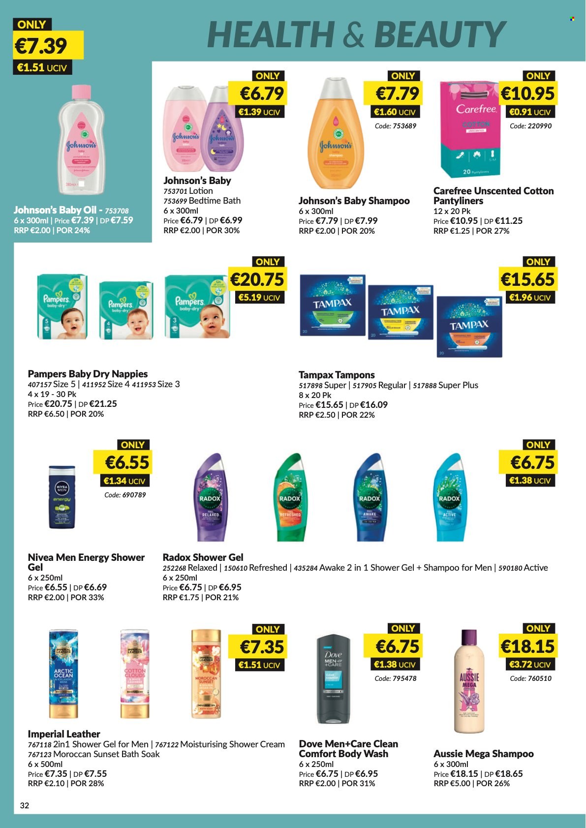 thumbnail - MUSGRAVE Market Place offer  - 08.05.2022 - 04.06.2022 - Sales products - oil, Pampers, nappies, Johnson's, Nivea, baby oil, Dove, bath salt, body wash, shampoo, shower gel, Radox, Tampax, Carefree, pantyliners, tampons, Aussie, body lotion. Page 33.