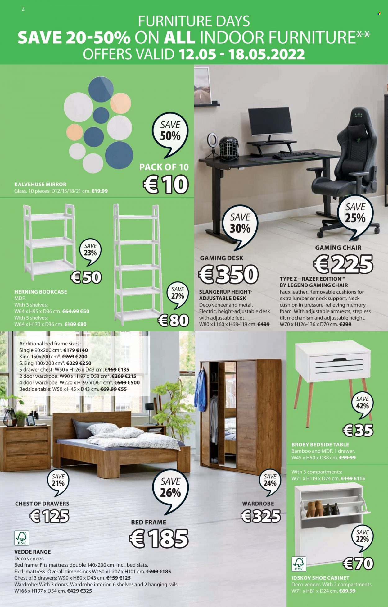 thumbnail - JYSK offer  - 12.05.2022 - 25.05.2022 - Sales products - cabinet, table, chair, bookcase, chest of drawers, bed, bed frame, mattress, wardrobe, bedside table, shoe cabinet, desk, cushion, mirror. Page 2.