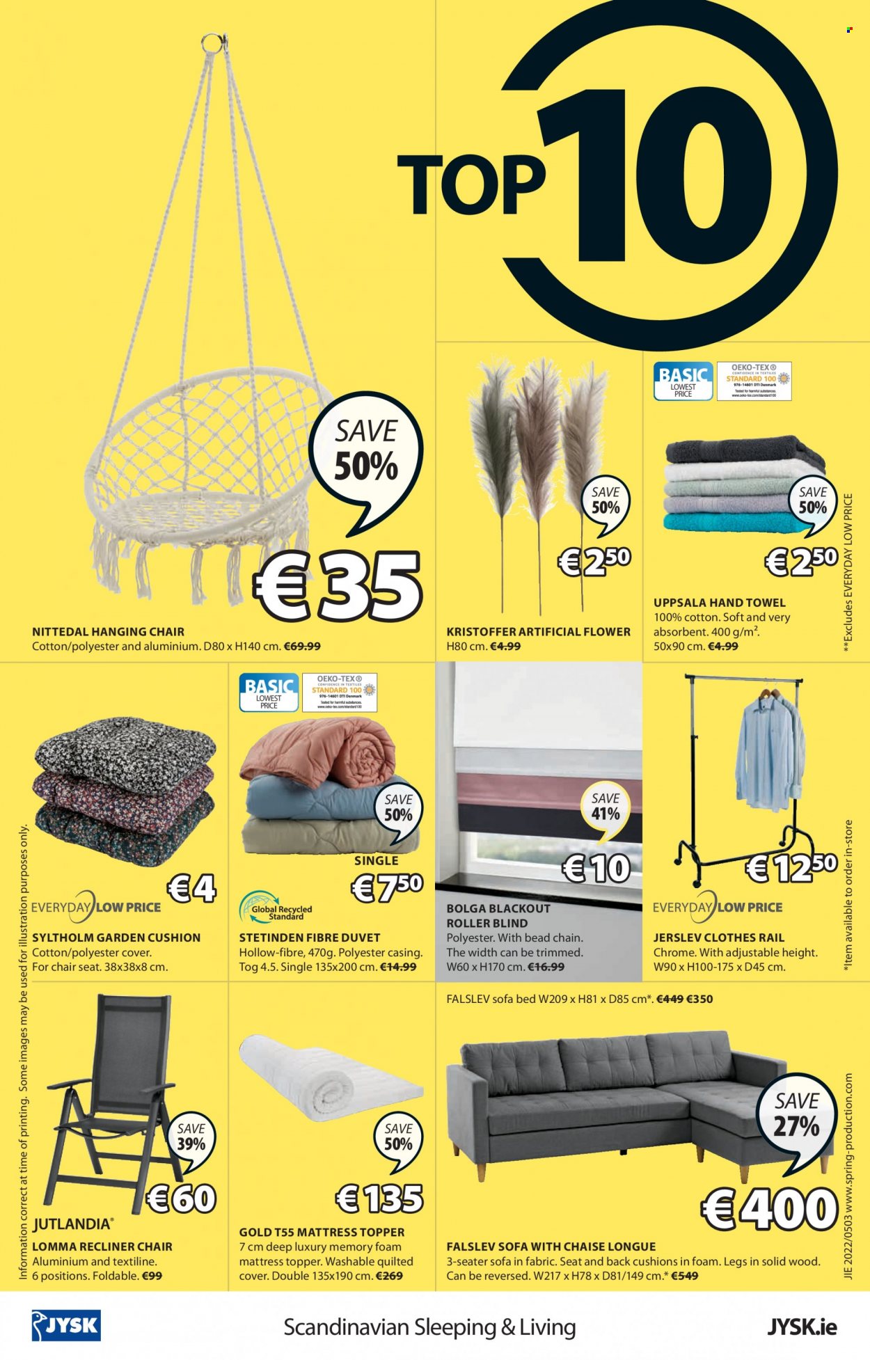 thumbnail - JYSK offer  - 12.05.2022 - 25.05.2022 - Sales products - chair, sofa, sofa bed, recliner chair, sofa with chaise longue, chaise longue, bed, mattress protector, foam mattress, clothes rail, cushion, artificial flowers, duvet, topper, towel, hand towel, blackout. Page 16.