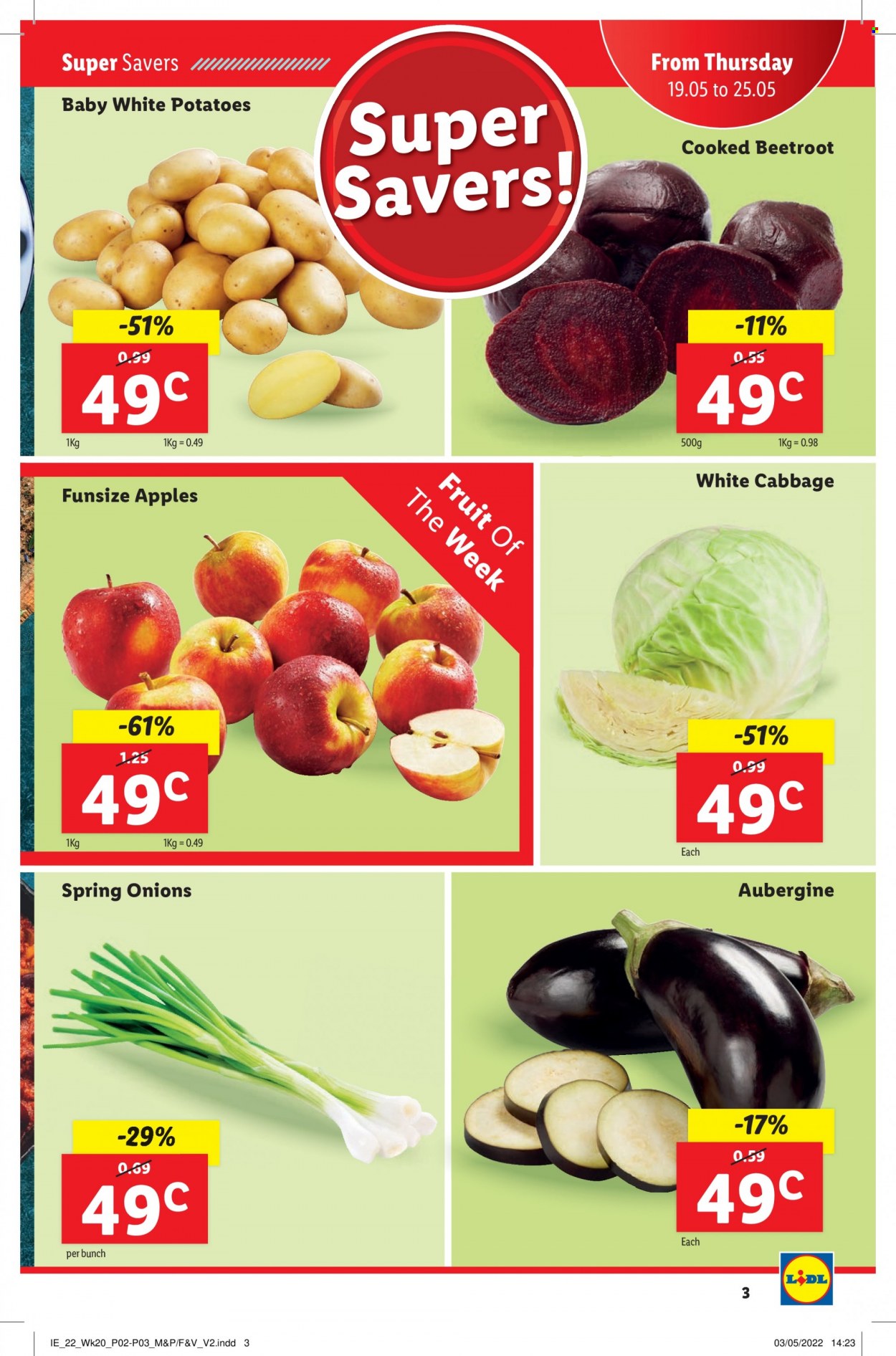 thumbnail - Lidl offer  - 19.05.2022 - 25.05.2022 - Sales products - cabbage, potatoes, onion, eggplant, green onion, beetroot, apples. Page 3.