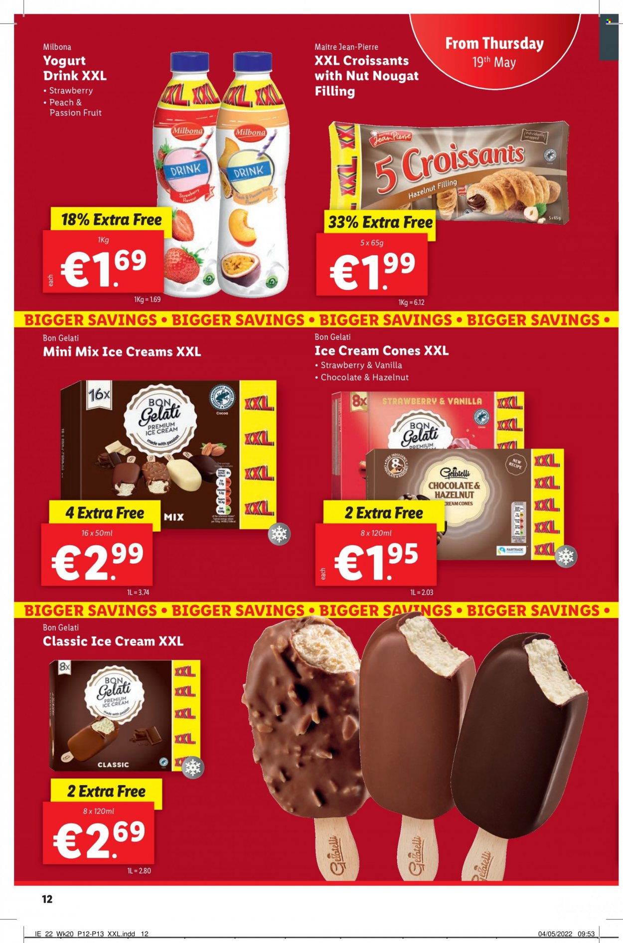 thumbnail - Lidl offer  - 19.05.2022 - 25.05.2022 - Sales products - croissant, yoghurt, yoghurt drink, ice cream, cocoa. Page 12.
