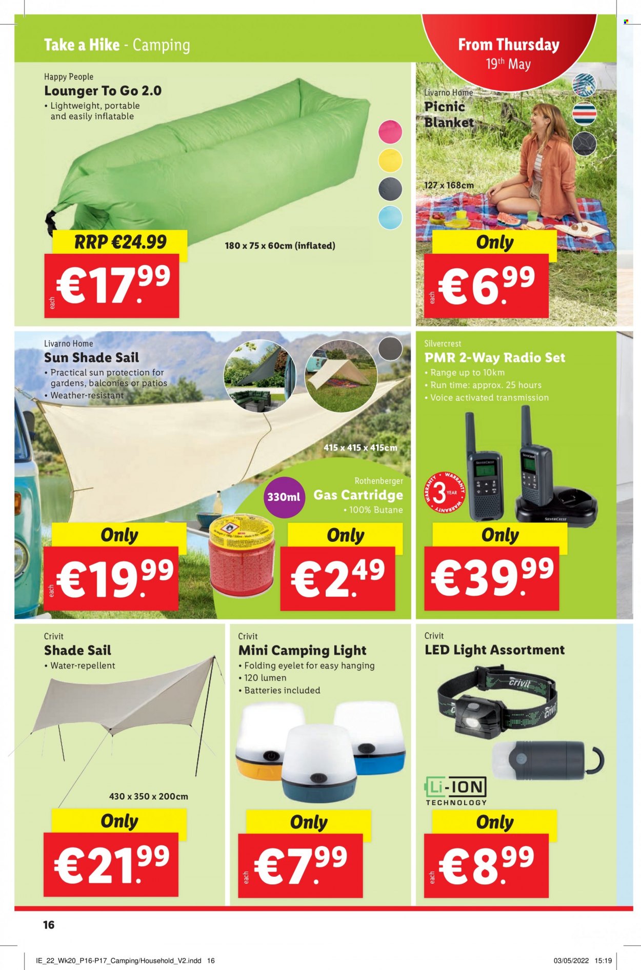 thumbnail - Lidl offer  - 19.05.2022 - 25.05.2022 - Sales products - Crivit, SilverCrest, repellent, blanket, radio, cartridge, LED light, sun shade, picnic blanket. Page 16.