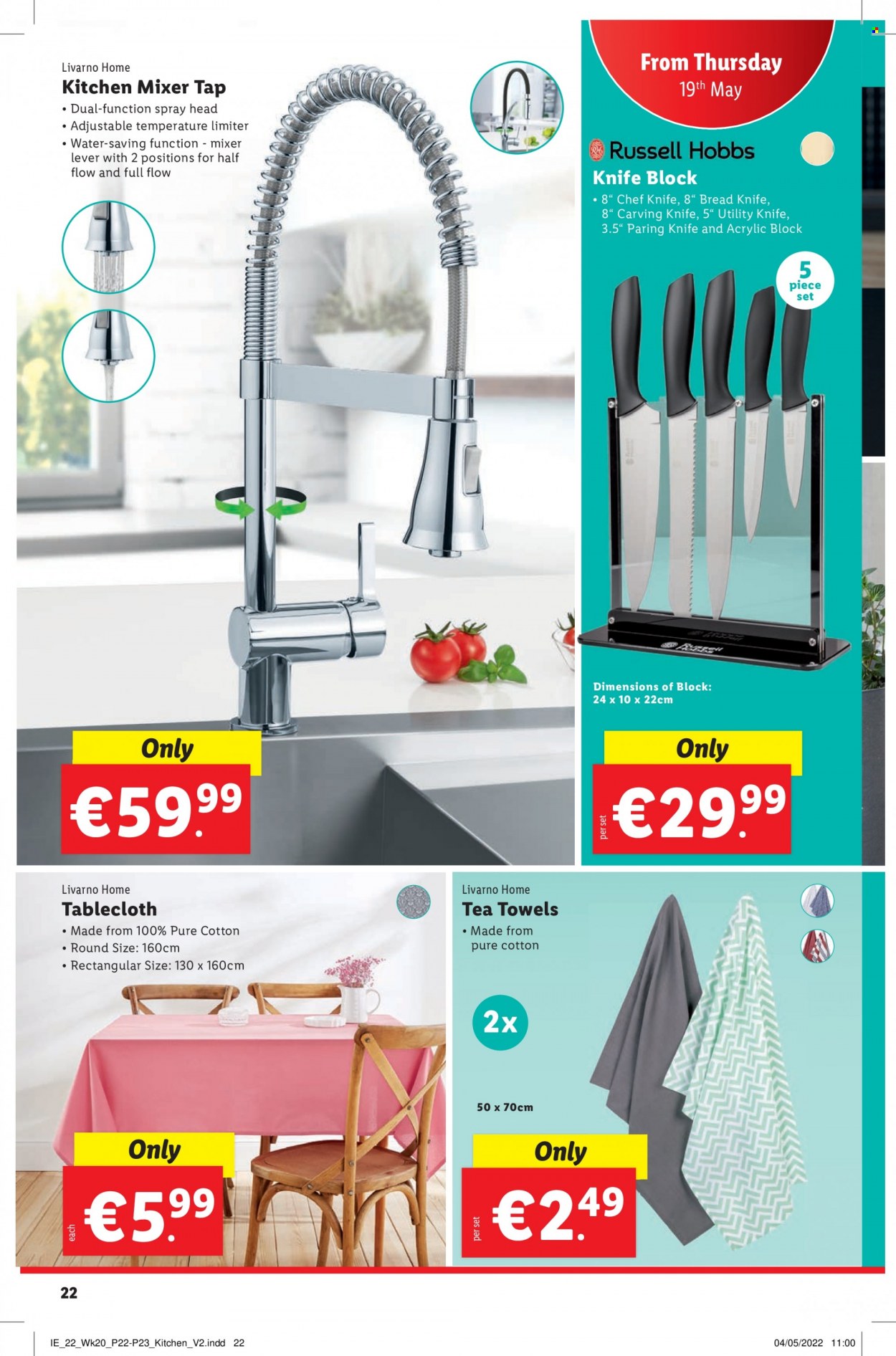 thumbnail - Lidl offer  - 19.05.2022 - 25.05.2022 - Sales products - bread, tea, knife block, tablecloth, tea towels, towel, Russell Hobbs, mixer tap, kitchen mixer, utility knife. Page 22.