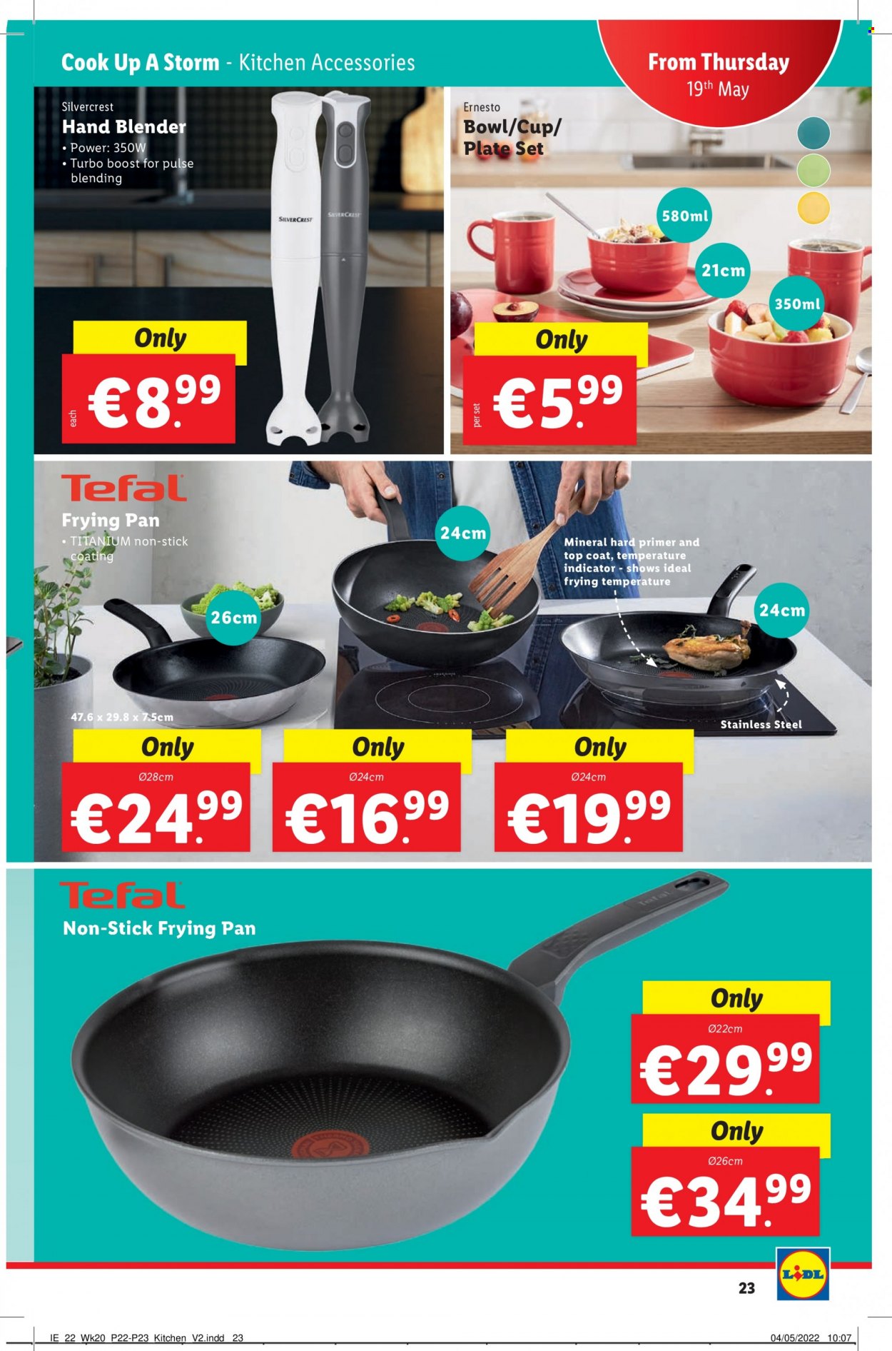 thumbnail - Lidl offer  - 19.05.2022 - 25.05.2022 - Sales products - Tefal, SilverCrest, Boost, top coat, Ernesto, plate, pan, cup, bowl, hand blender, coat. Page 23.