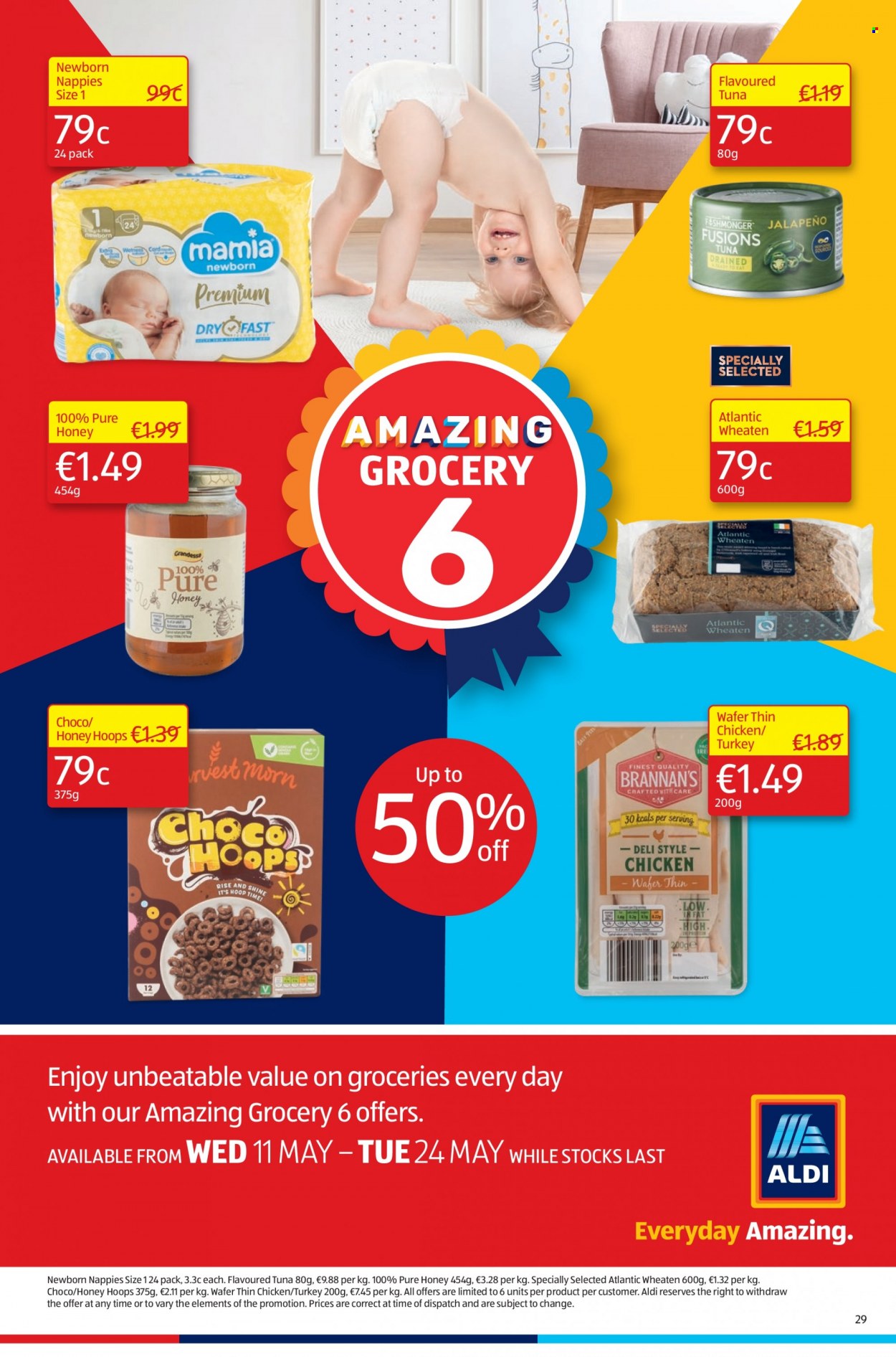Aldi offer  - 19.5.2022 - 25.5.2022 - Sales products - tuna, wafers, honey, nappies. Page 29.