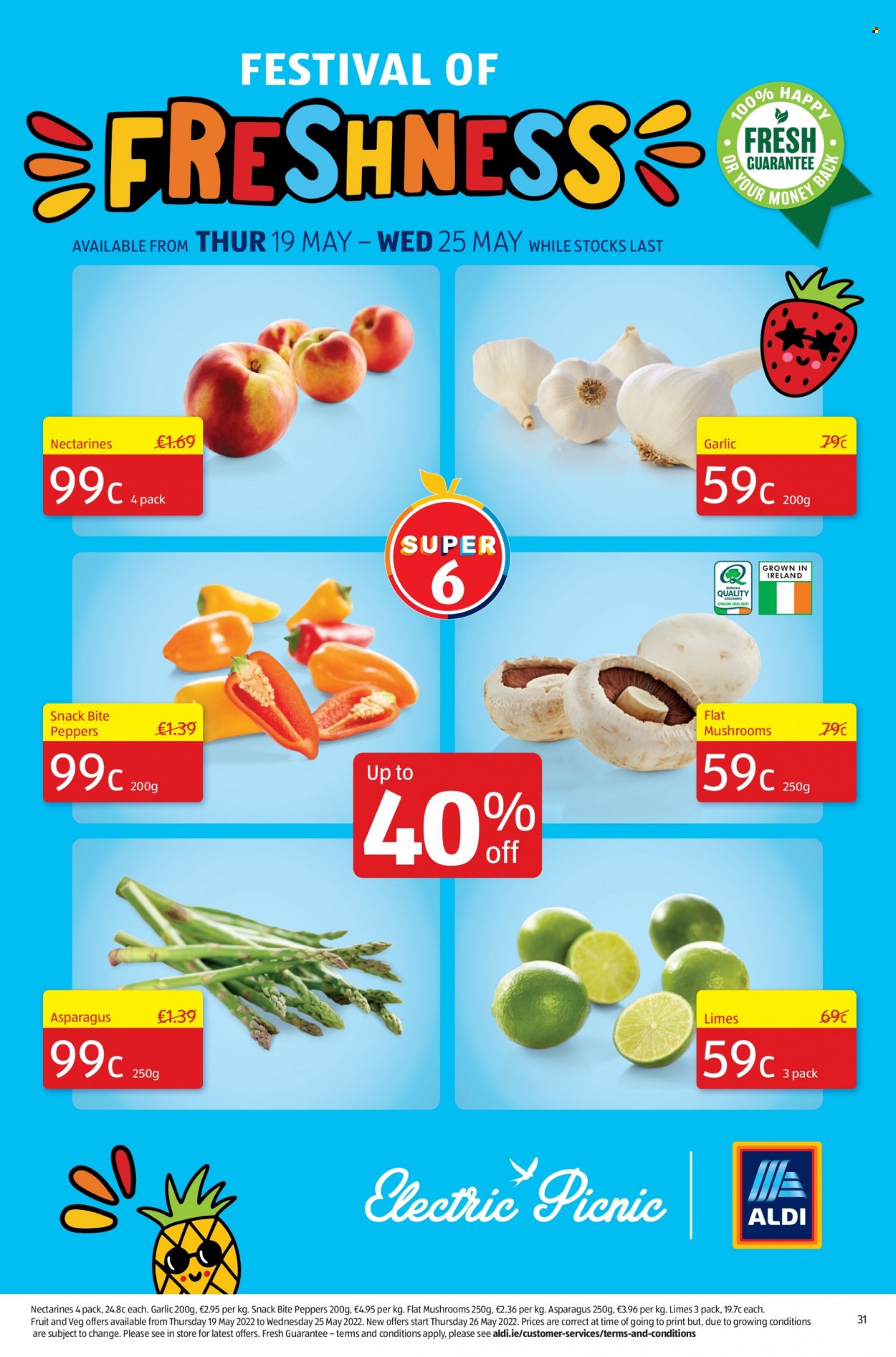 thumbnail - Aldi offer  - 19.05.2022 - 25.05.2022 - Sales products - mushrooms, flat mushrooms, asparagus, garlic, peppers, limes, nectarines, snack. Page 31.