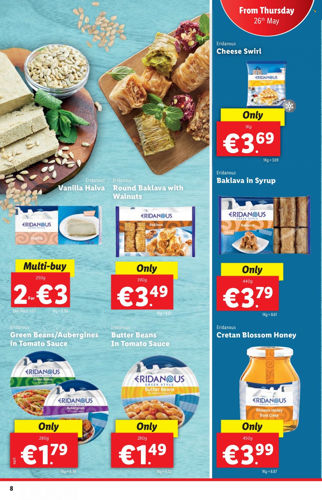thumbnail - Lidl offer  - 26.05.2022 - 01.06.2022 - Sales products - beans, green beans, cheese, butter, Blossom, honey. Page 8.
