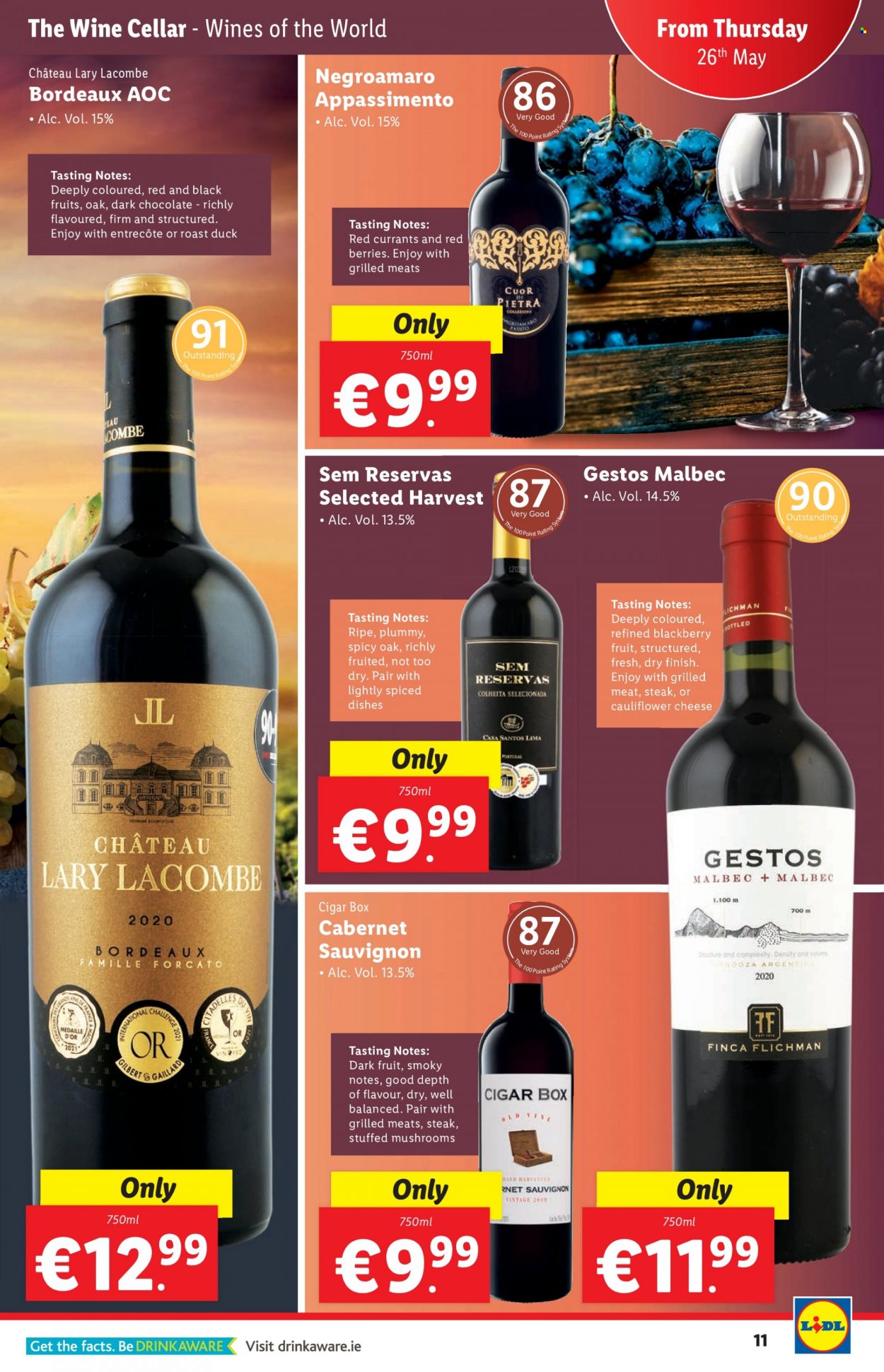 thumbnail - Lidl offer  - 26.05.2022 - 01.06.2022 - Sales products - mushrooms, cheese, chocolate, dark chocolate, Cabernet Sauvignon, red wine, wine, steak. Page 11.