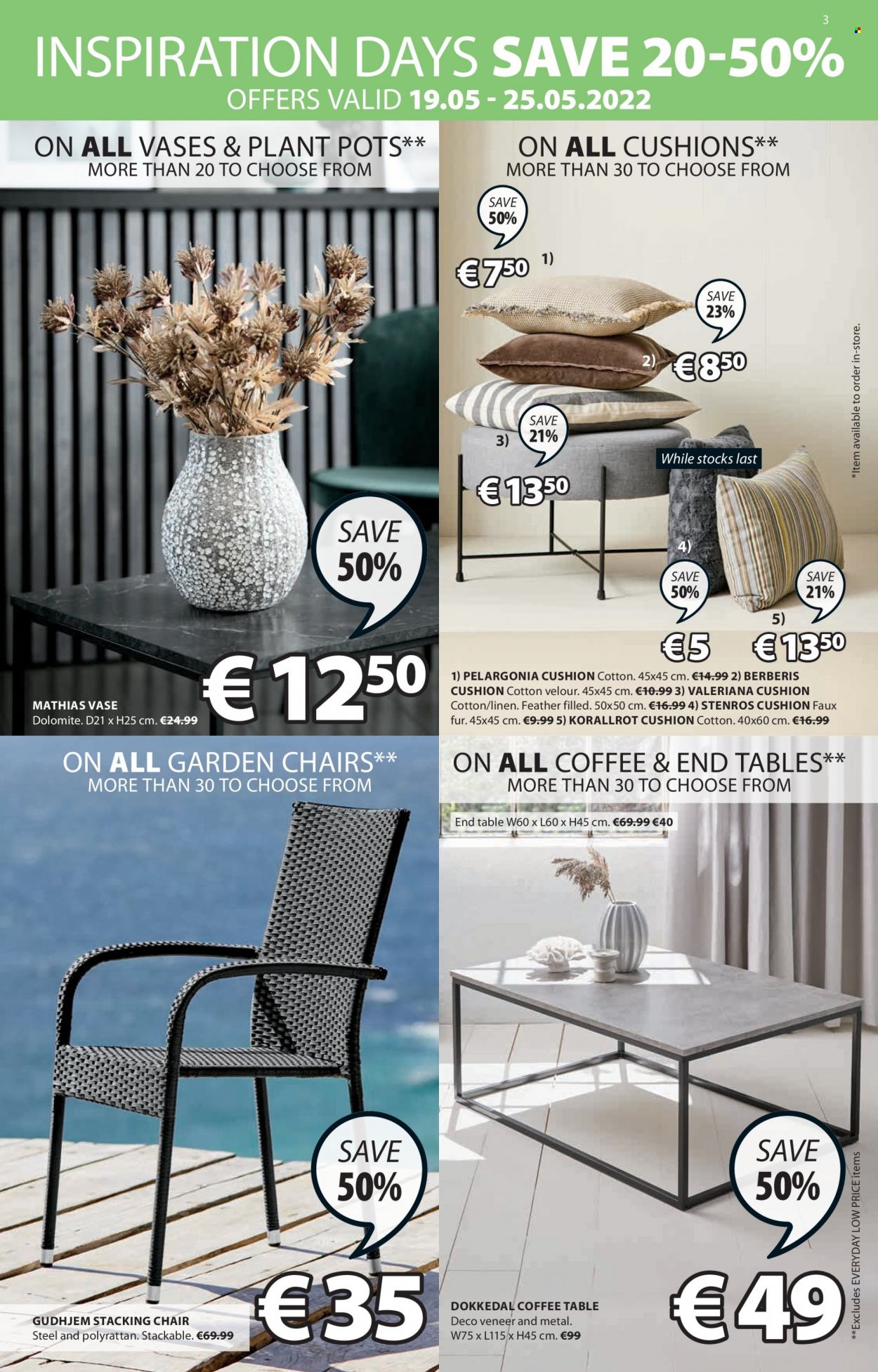 thumbnail - JYSK offer  - 19.05.2022 - 01.06.2022 - Sales products - chair, coffee table, end table, cushion, vase, pot, linens. Page 3.