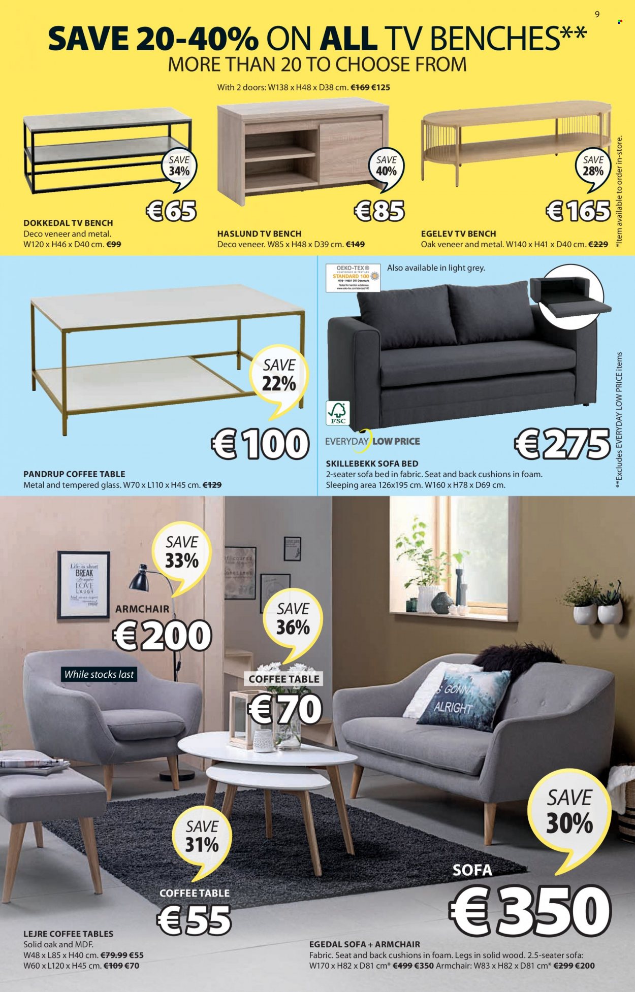 thumbnail - JYSK offer  - 19.05.2022 - 01.06.2022 - Sales products - table, bench, arm chair, sofa, sofa bed, coffee table, tv bench, bed, cushion. Page 9.