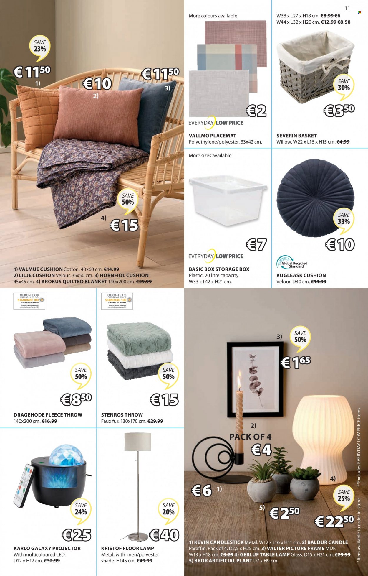 thumbnail - JYSK offer  - 19.05.2022 - 01.06.2022 - Sales products - storage box, candlestick, cushion, picture frame, placemat, artificial plant, basket, candle, blanket, linens, fleece throw, lamp, table lamp, floor lamp. Page 11.