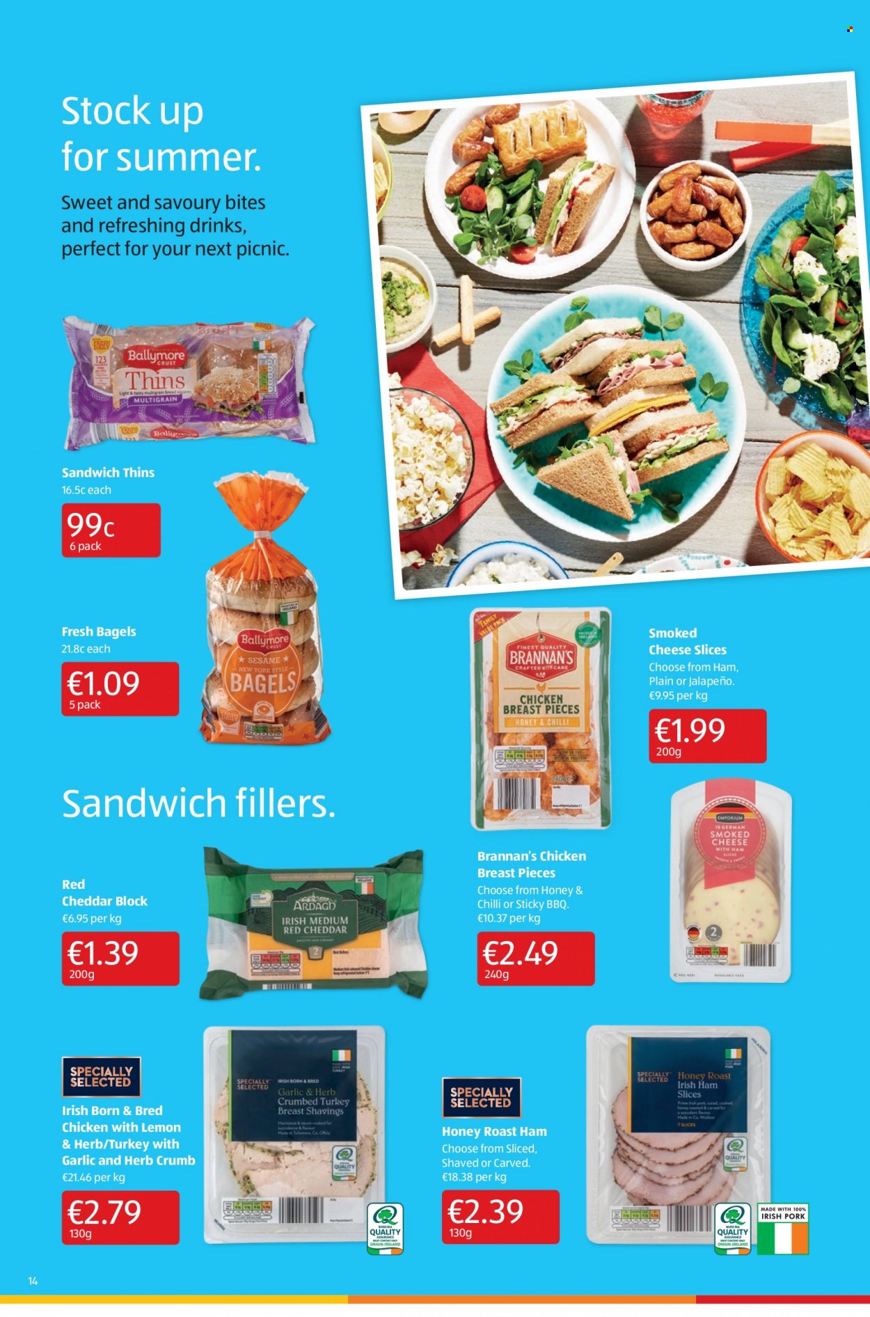 thumbnail - Aldi offer  - 26.05.2022 - 01.06.2022 - Sales products - bagels, bread, multigrain bread, sandwich, ham, sliced cheese, cheddar, cheese, Thins, honey, turkey breast, pin, succulent. Page 14.